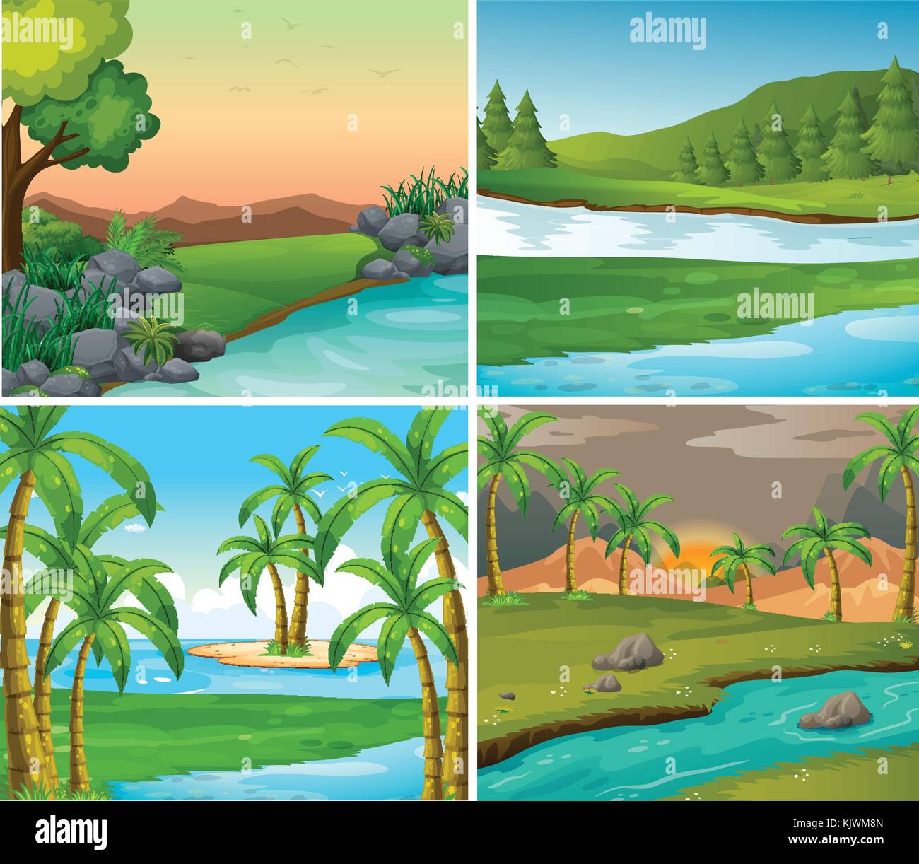 Four background scenes of rivers and field illustration Stock Vector ...