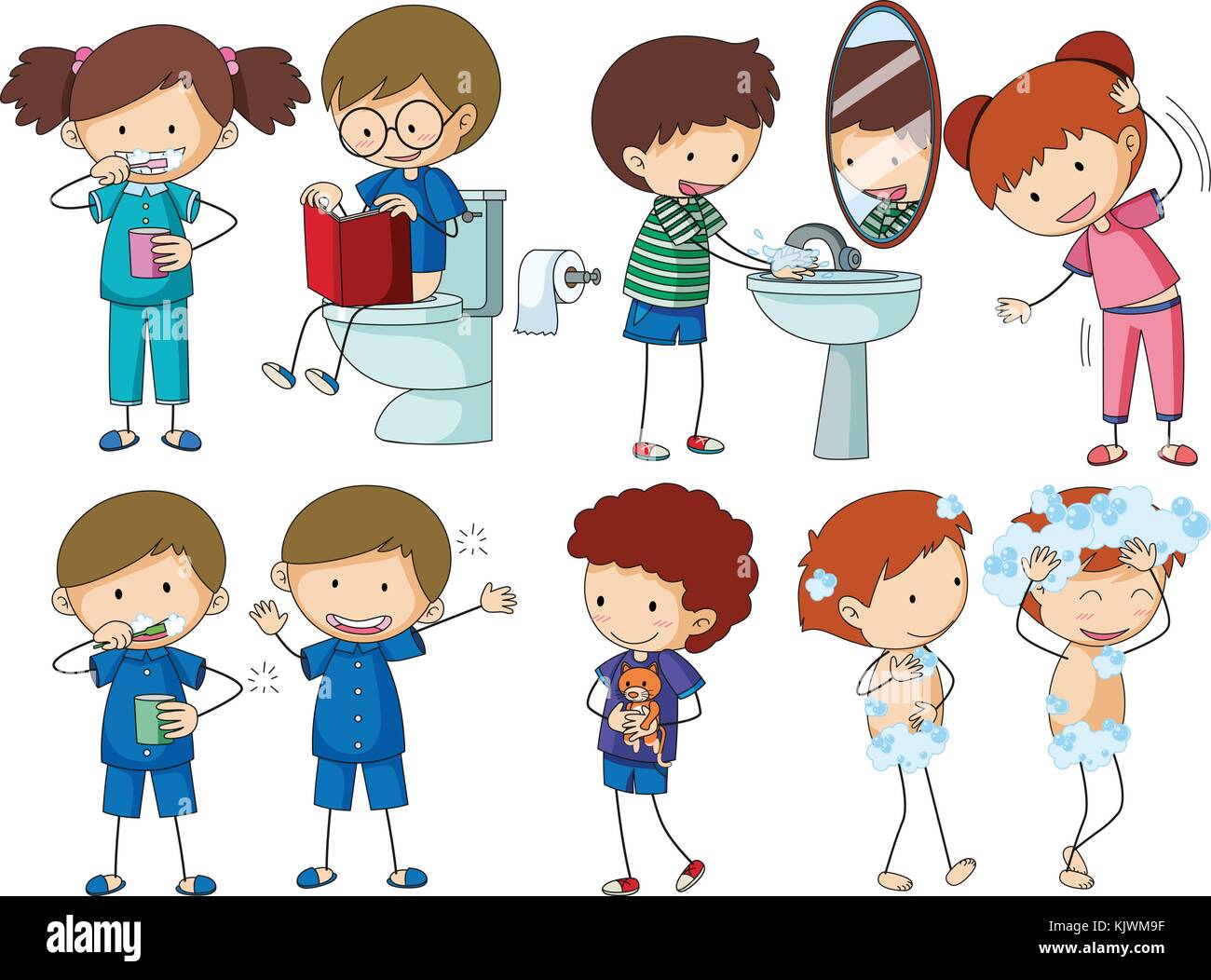 Boys and girls doing different routines illustration Stock Vector