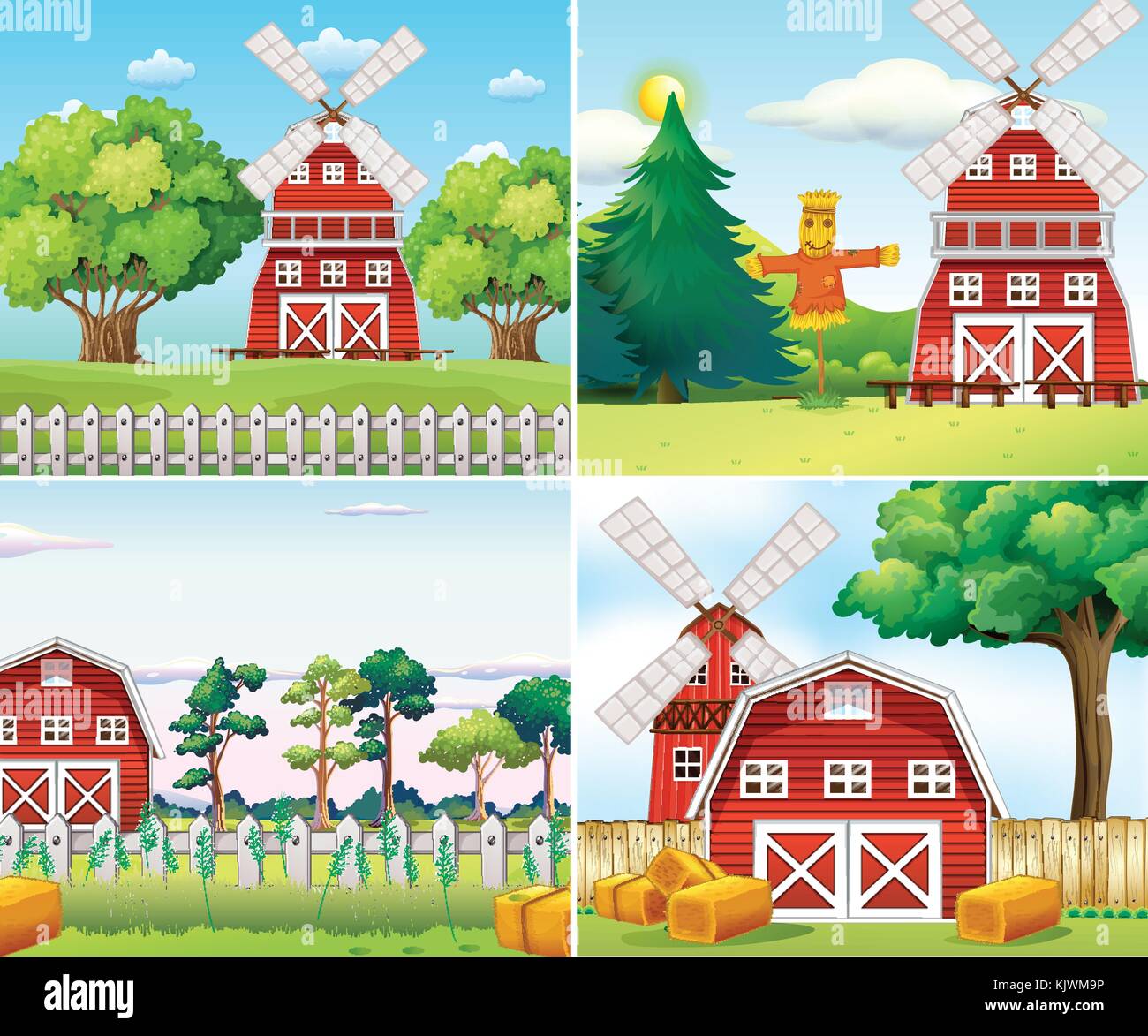 Four farm scenes with windmills and barns illustration Stock Vector ...