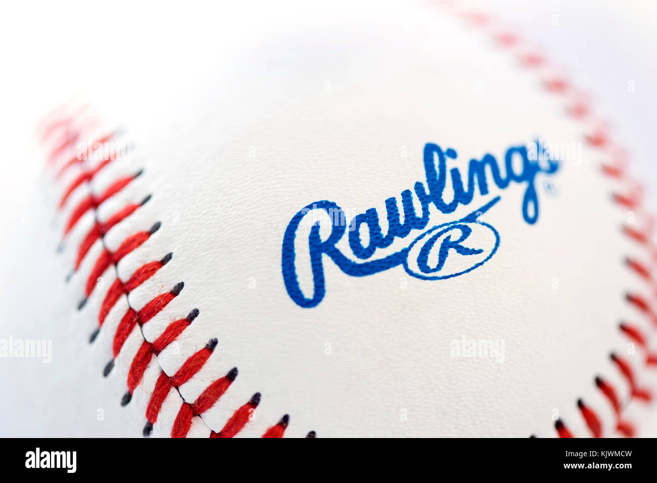 Closeup view at the Rawlings baseball ball. Rawlings is a sports