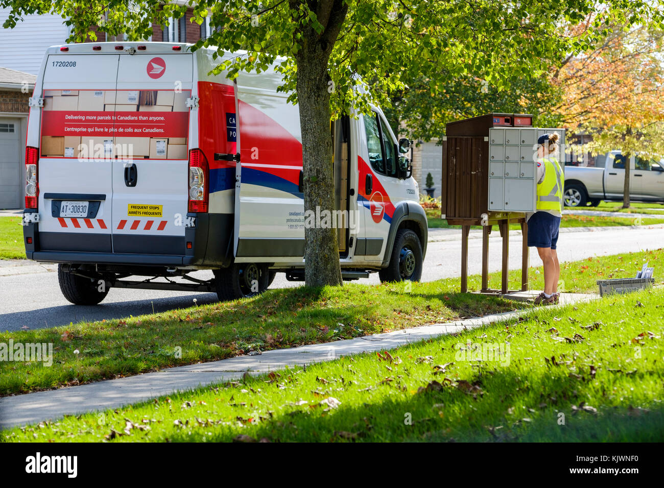 Canada Post mail worker, letter carrier delivering lettermail at a mailbox in a residential area, London, Ontario, Canada. Stock Photo