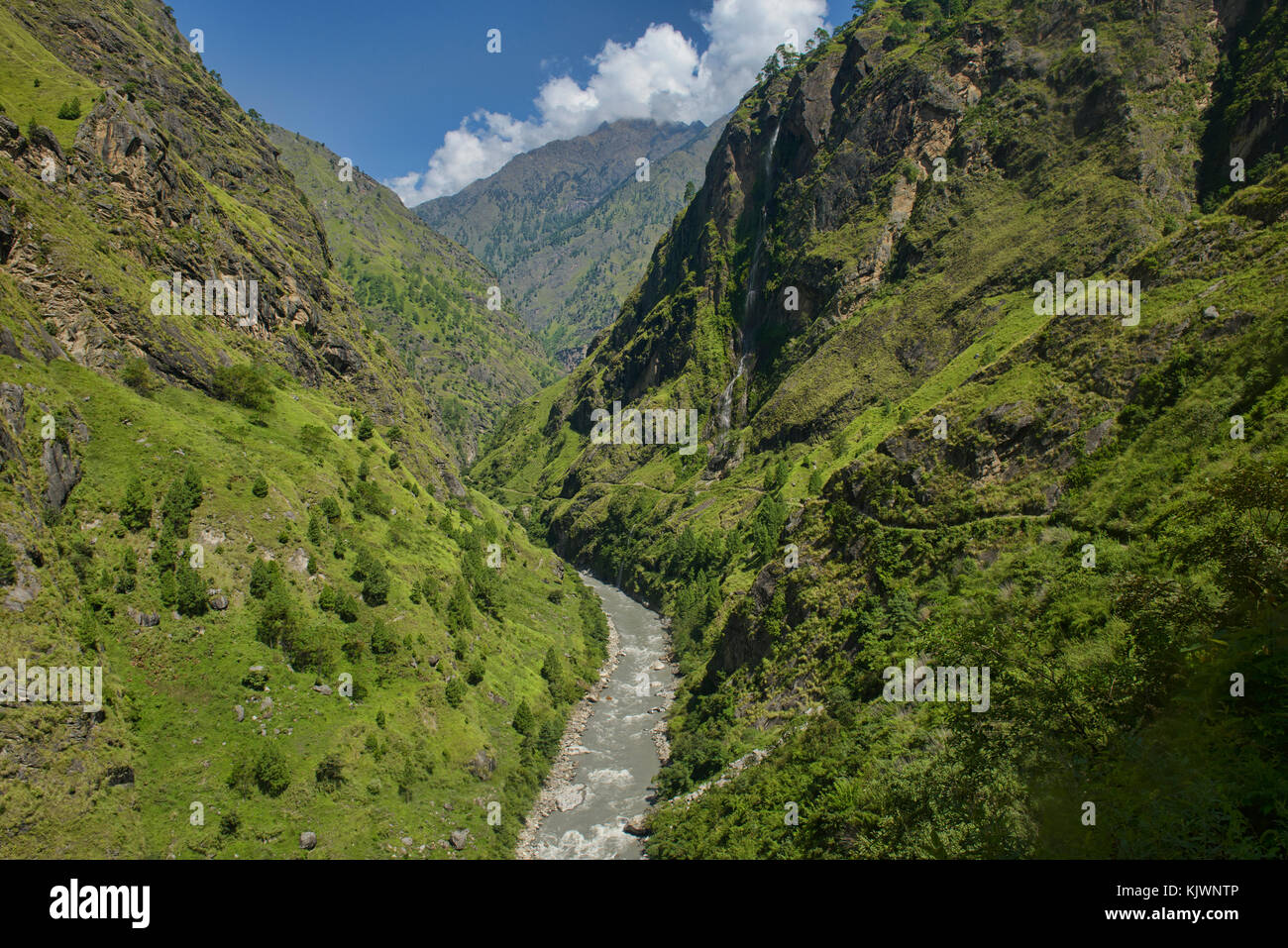 The Siyar Khola River runs through the lush Tsum Valley near the Tibet border, Nepal Stock Photo