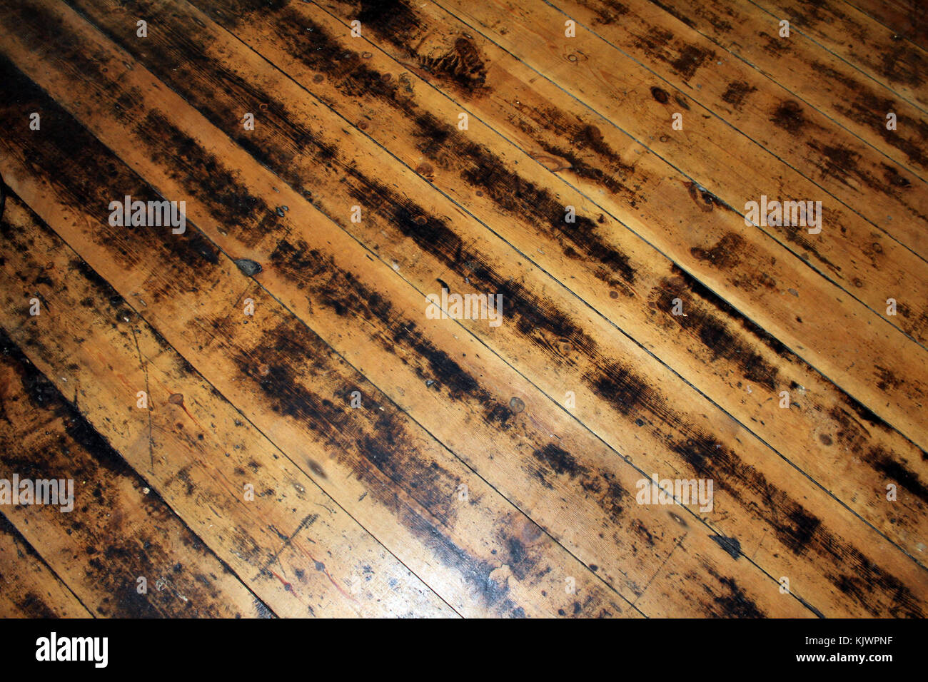 Old wooden floorboards with good sheen and many nails. Makes you think of the deck of a ship. Victorian era wood. Stock Photo