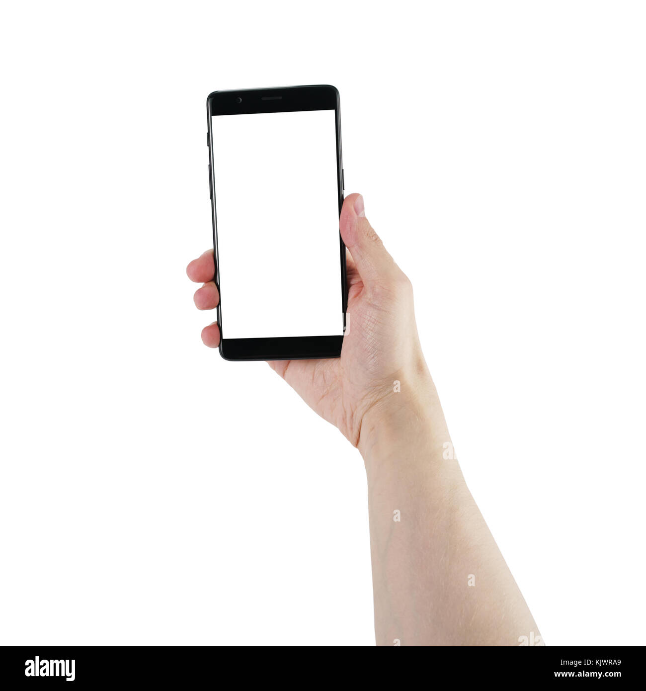 man hand hold smartphone with blank screen isolated on white Stock ...
