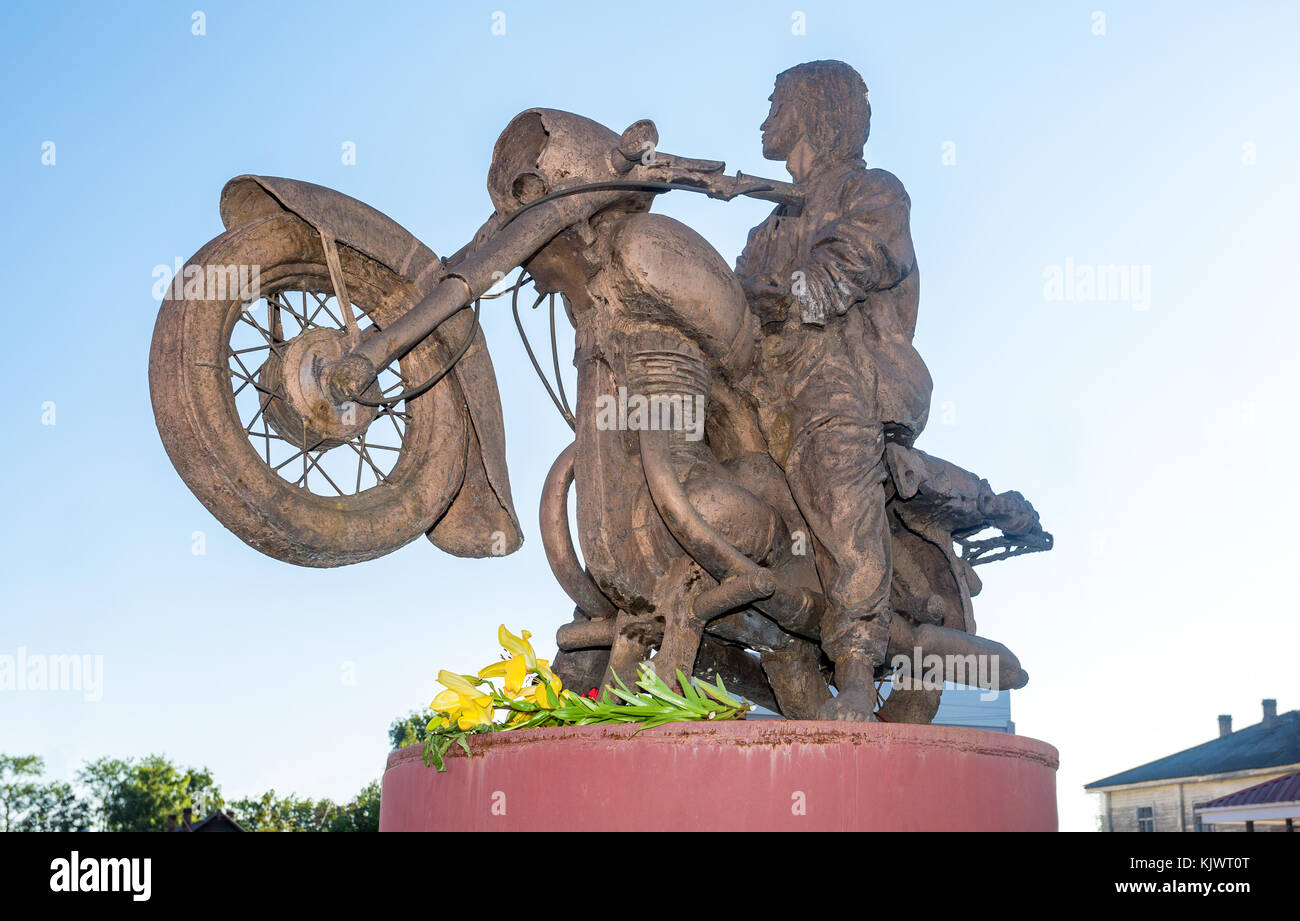 Okulovka, Russia - August 17, 2017: Monument to the famous Russian singer Victor Tsoi. Victor Tsoi (1962-1990) was a Soviet musician, songwriter, and  Stock Photo