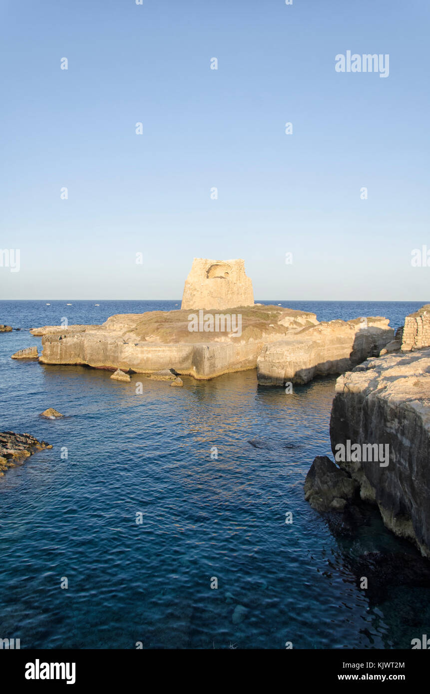 View of the watchtower of Roca Vecchia Stock Photo