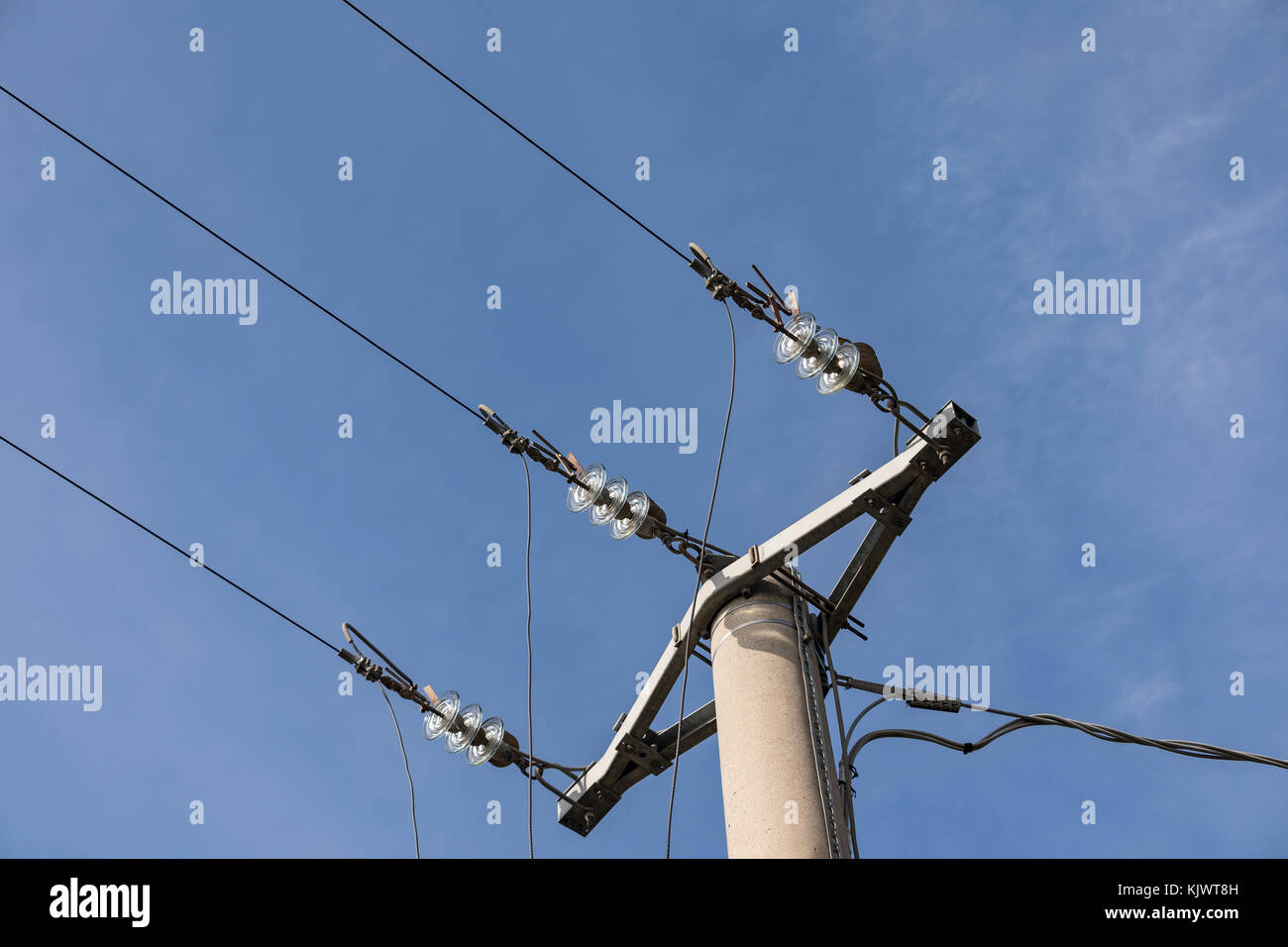 Glass insulator on the power line. Insulator of electrical highvoltage