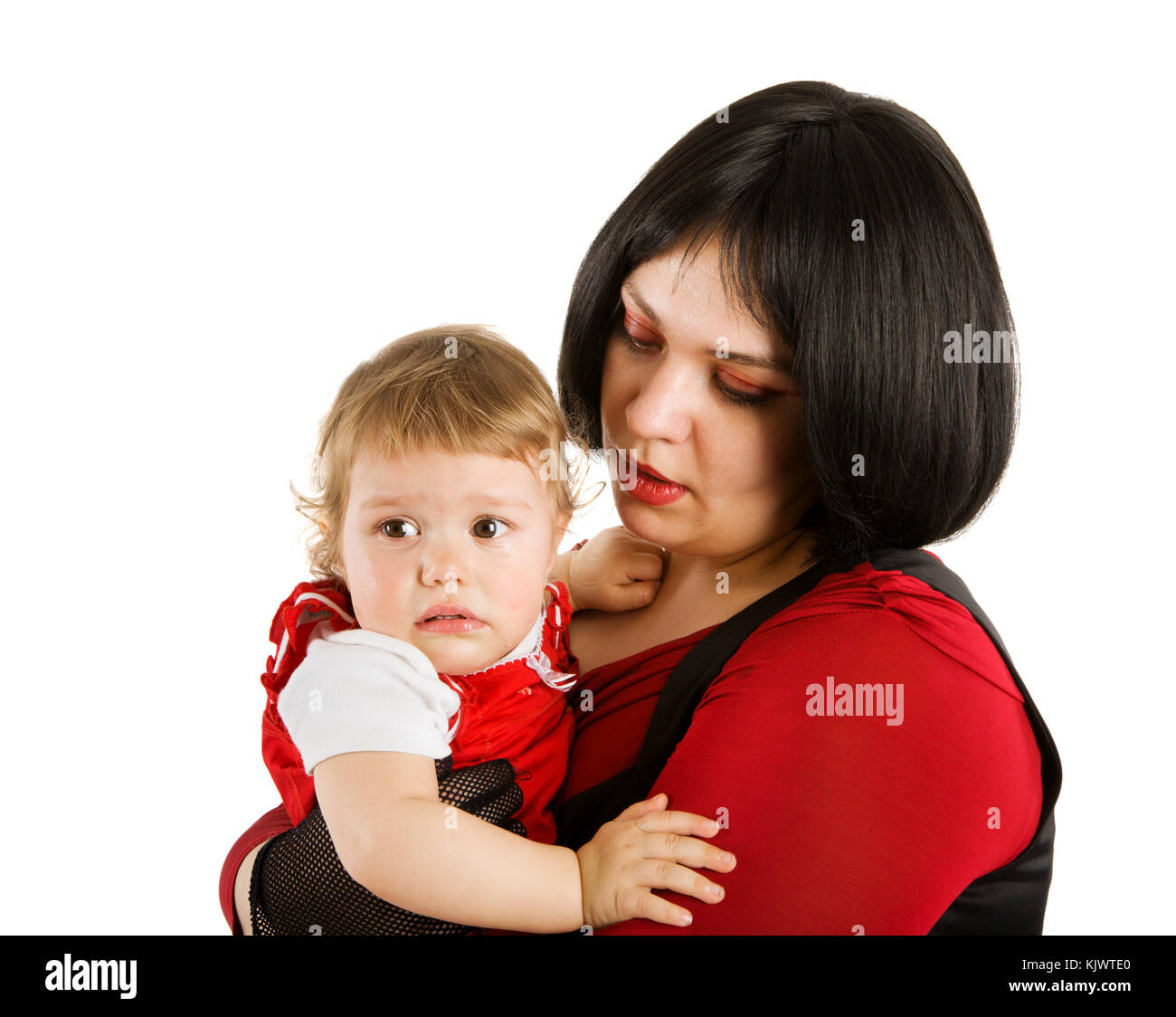 Mother holding crying baby tear falling isolated on white Stock Photo