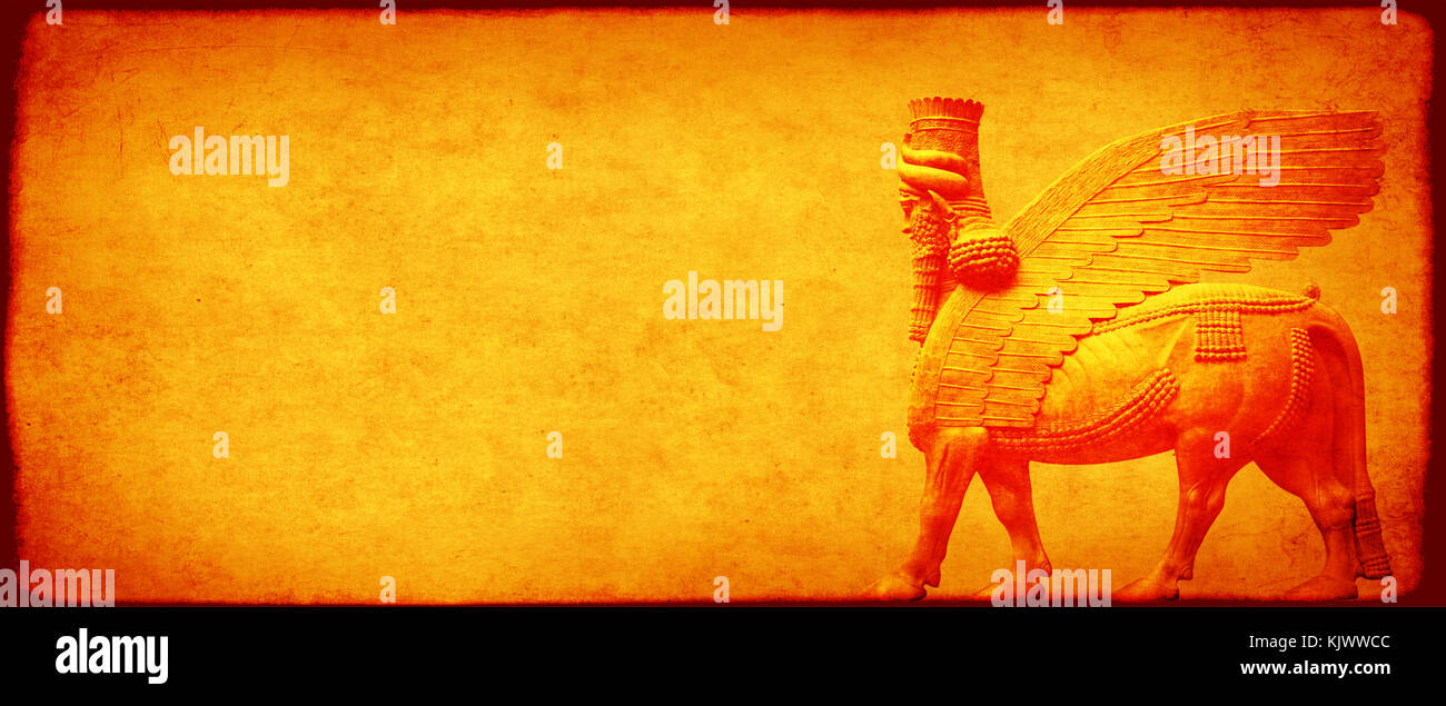 Grunge background with paper texture and lamassu - human-headed winged bull statue, Assyrian protective deity Stock Photo