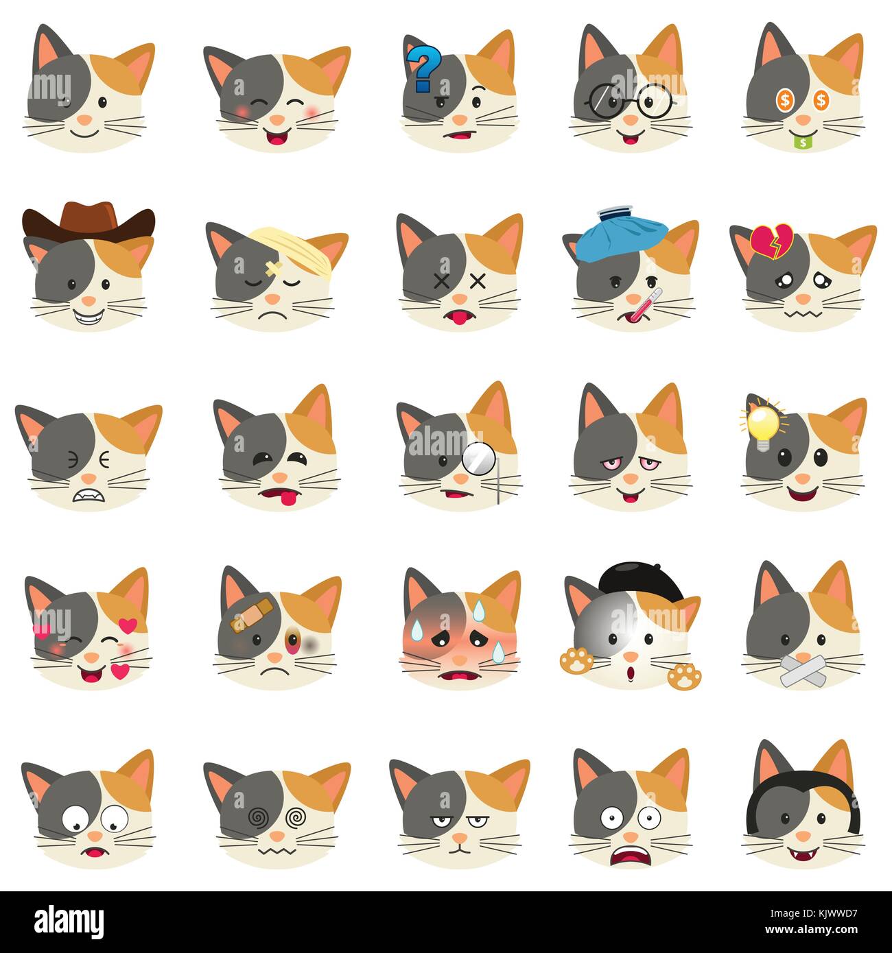 Cute cat in different poses and emotions Vector illustration of kitty  constuctor on blue background Emoji Emoticon White cat with orange  stripes in flat cartoon style Collection Stock Vector  Adobe Stock
