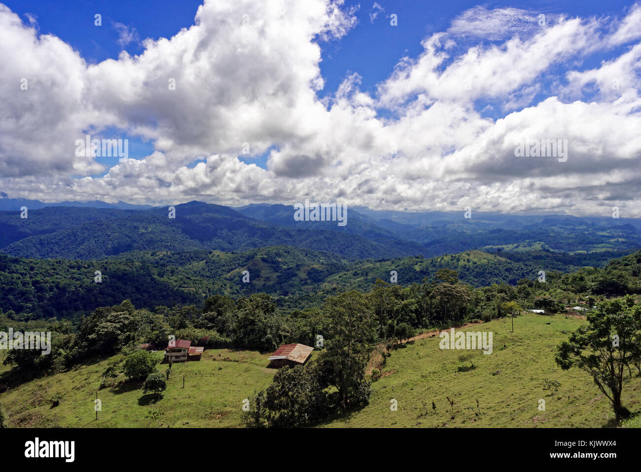 On the road 10 from Siquirres to Turrialba, Costa Rica. The road is very steep and winding through the mountain range Cordillera de Talamanca. Scenic views into the valleys are breathtaking. Stock Photo