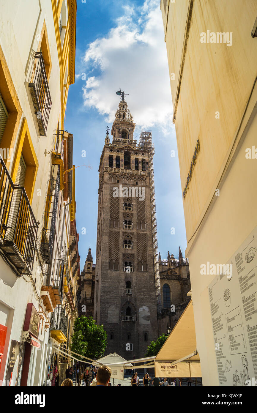 La Giralda, belltower of Cathedral of St. Mary of the See, built as a mosque minaret, 1184, Seville, Andalucia, Spain Stock Photo