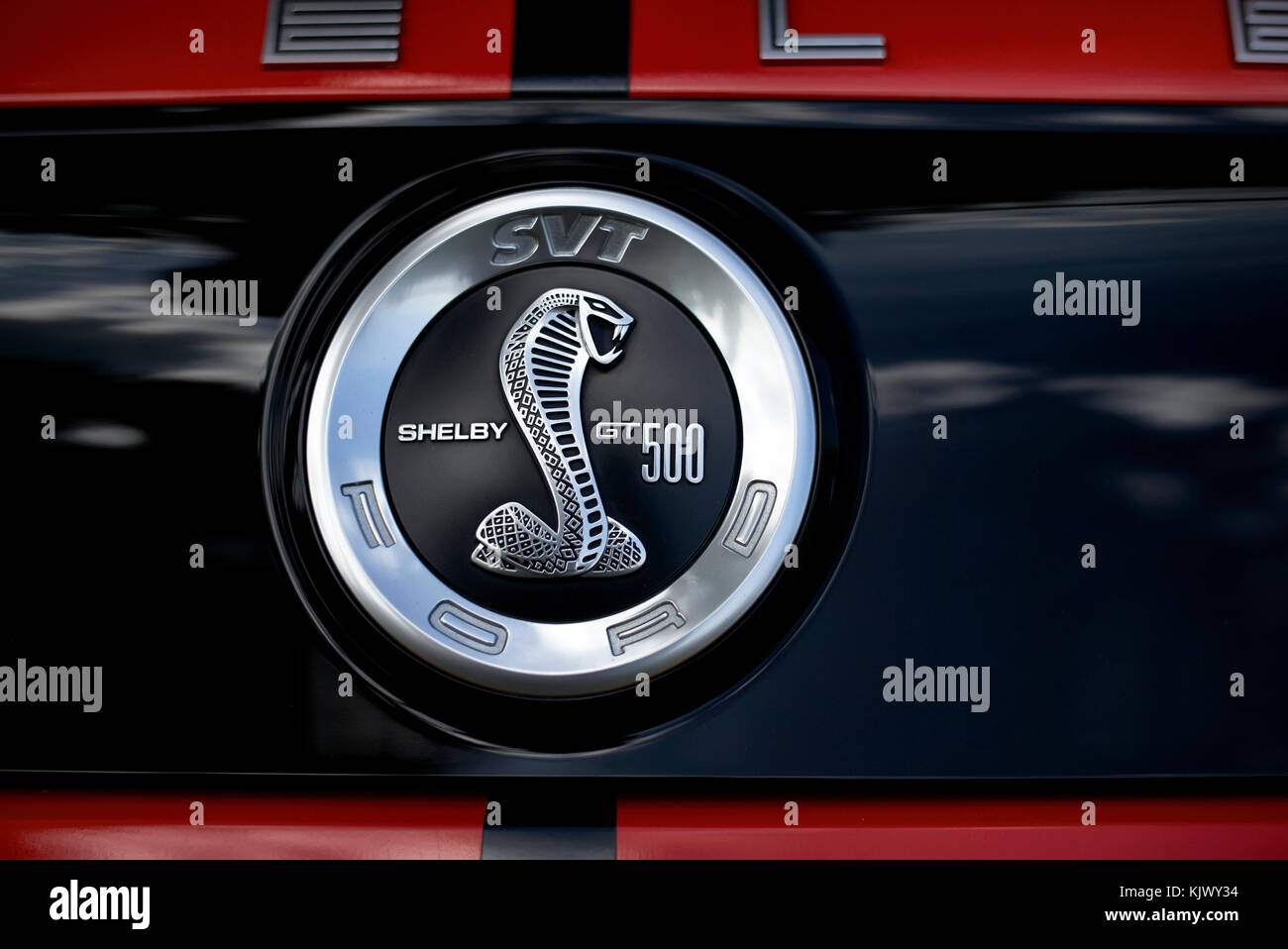 Badge and iconic insignia detail of a Ford Mustang Shelby GT500 American muscle car. Stock Photo