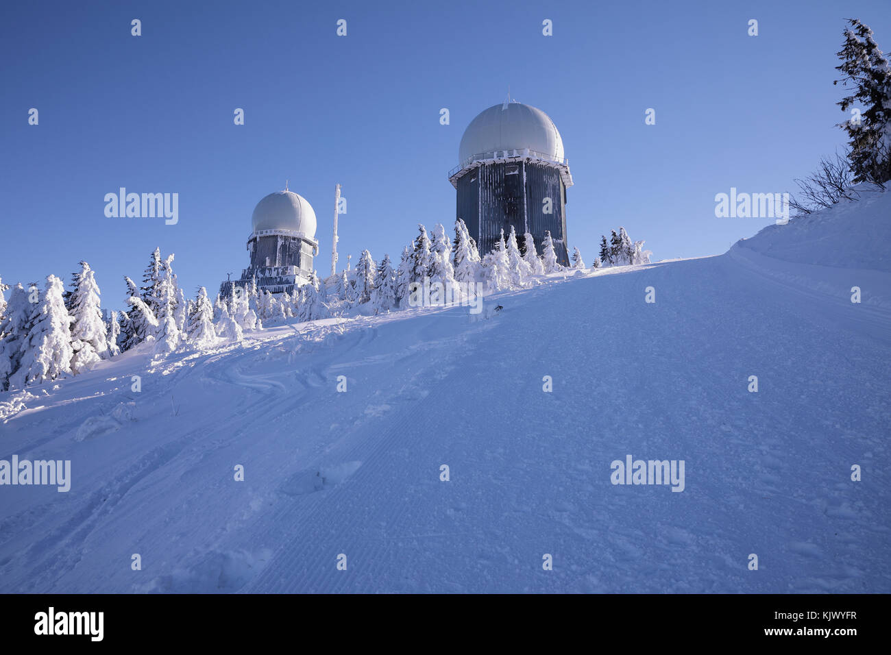 Winter observatory on Grosser Arber. Grosser Arber, Bayerisch Eisenstein, Germany. Winter snowy summit of Mt. Grosser Arber at Bavarian Forest (German Stock Photo