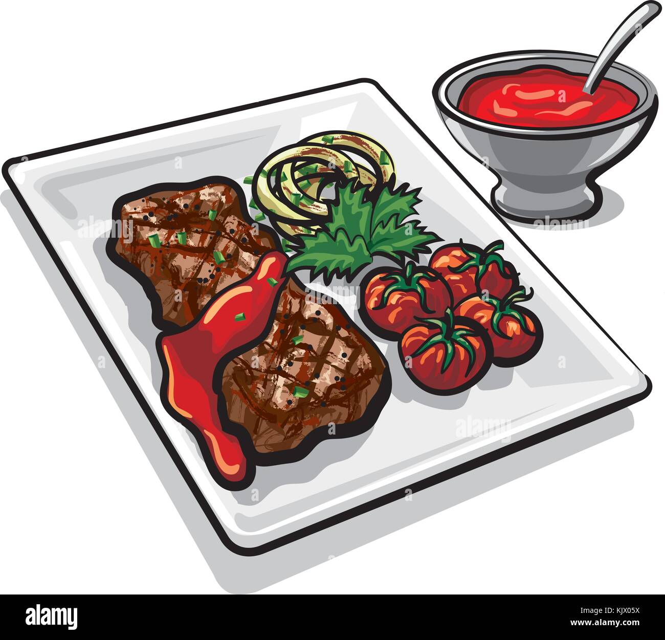 illustration of grilled beef steak with vegetables and tomato sauce ...