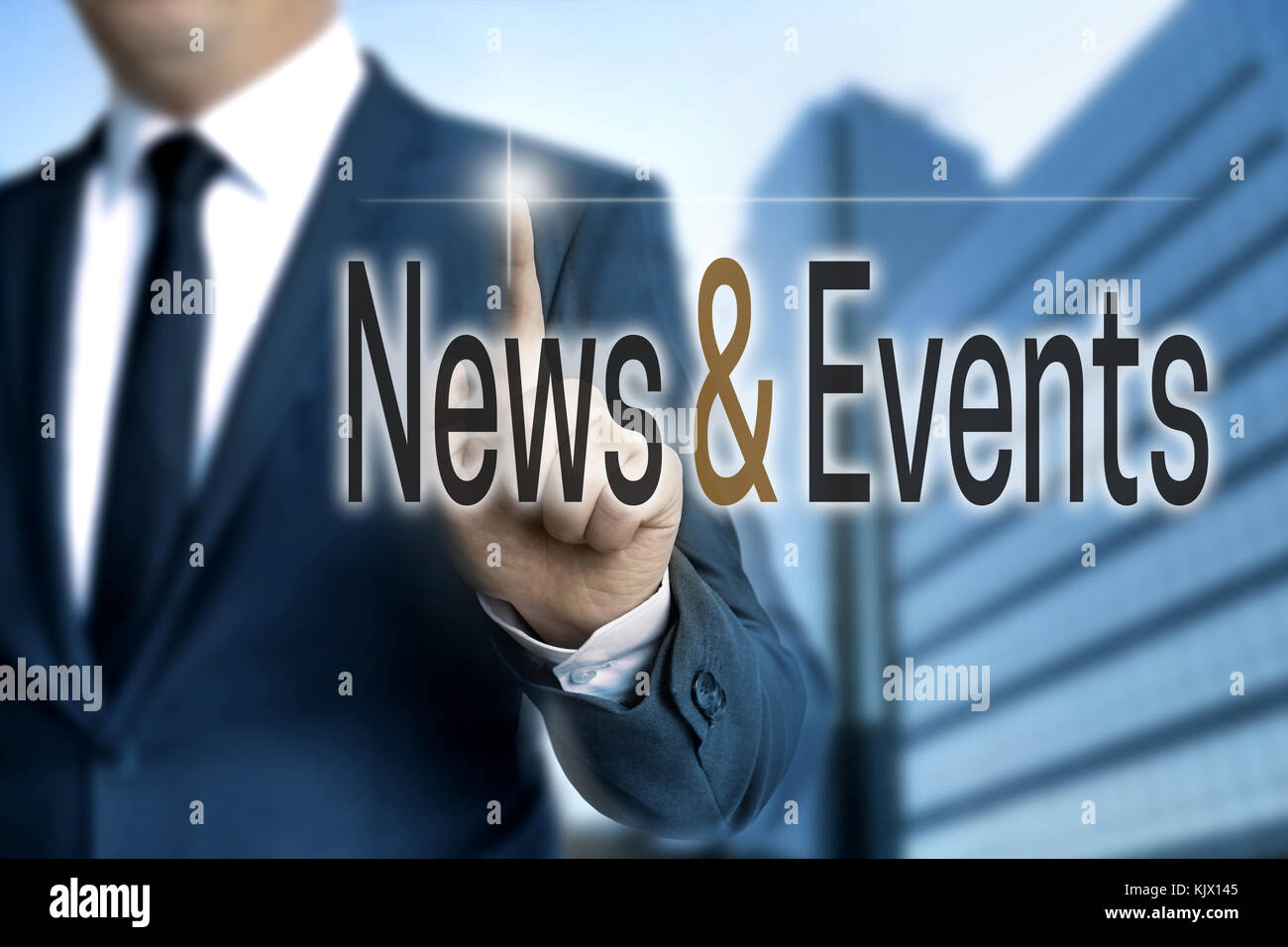 News and Events touchscreen is operated by businessman. Stock Photo