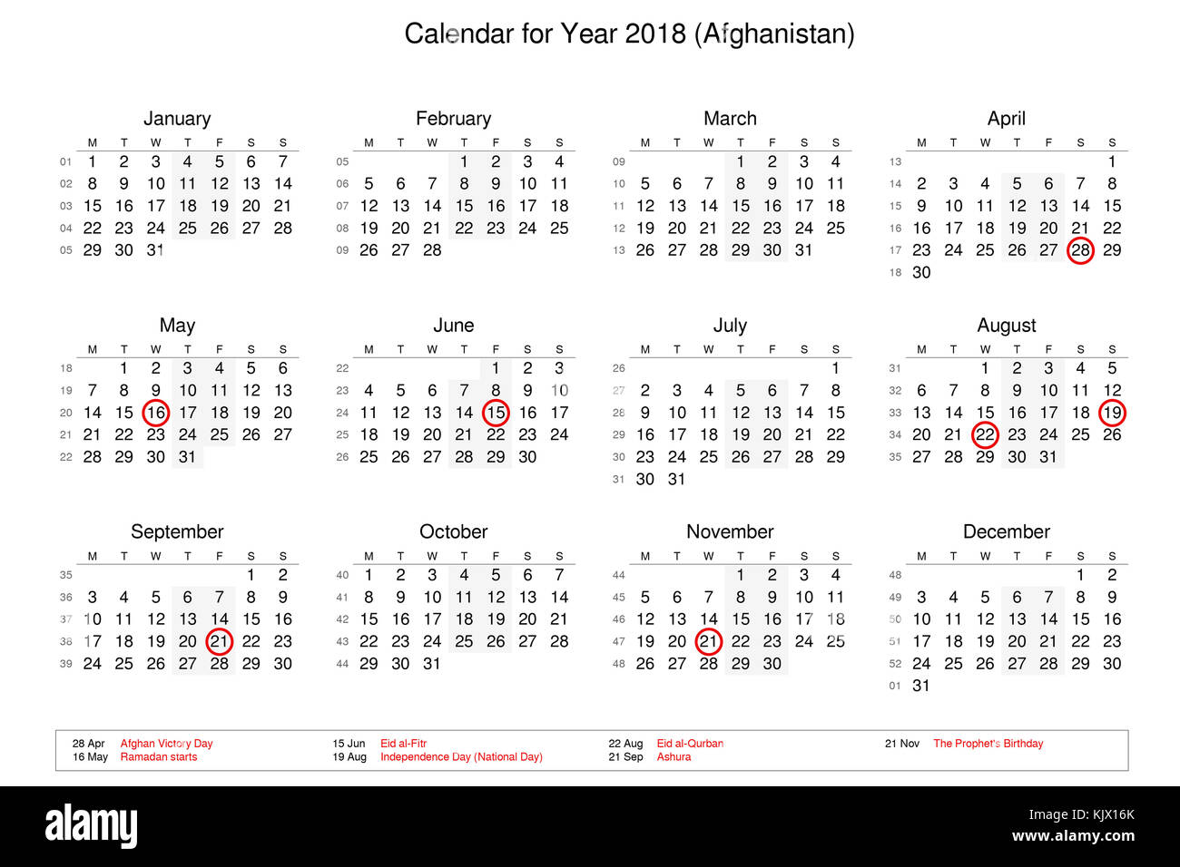 Calendar of year 2018 with public holidays and bank holidays for Afghanistan Stock Photo