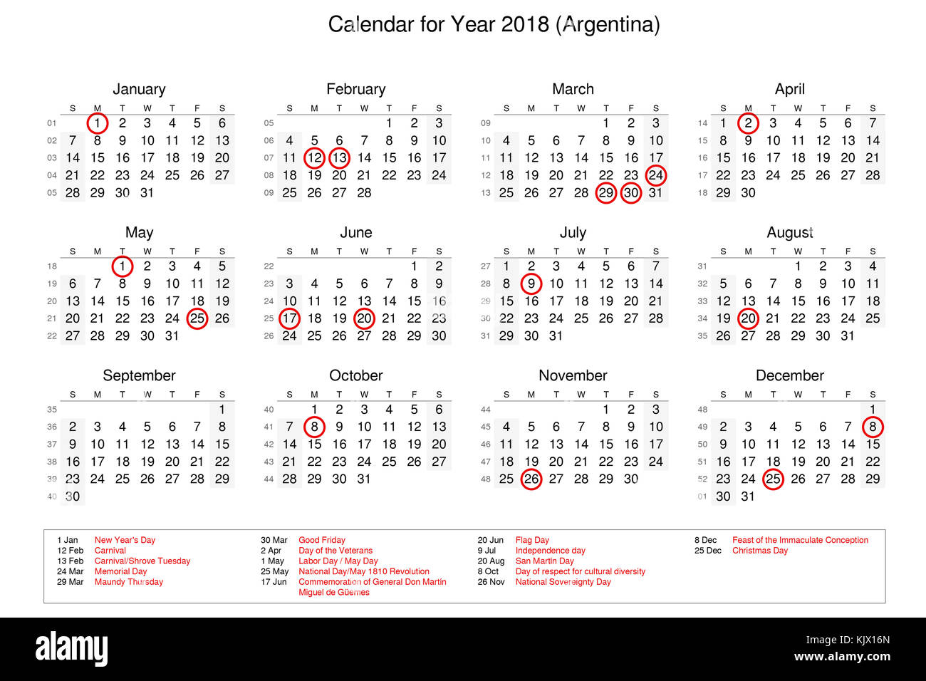 Calendar of year 2018 with public holidays and bank holidays for