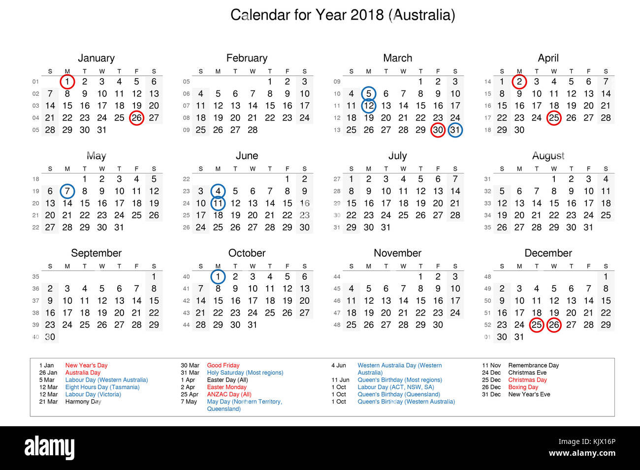 Calendar of 2018 with public holidays and for Australia Stock Photo - Alamy