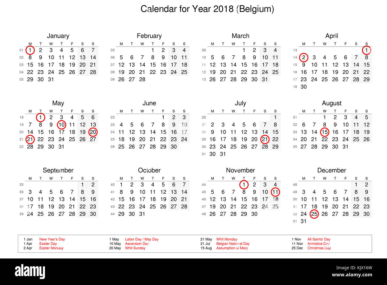 Calendar of year 2018 with public holidays and bank holidays for Belgium  Stock Photo - Alamy