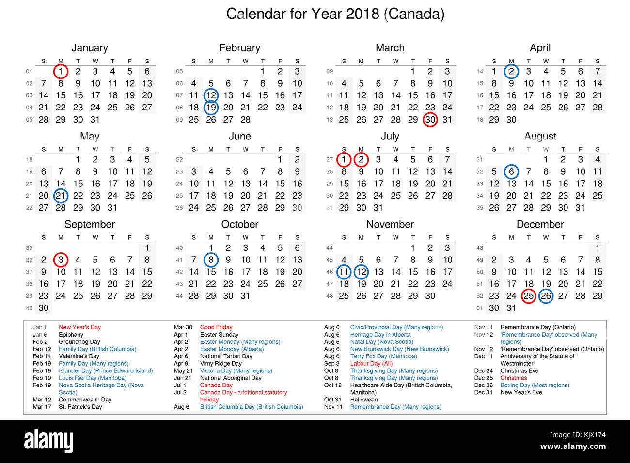 Calendar of year 2018 with public holidays and bank holidays for Canada Stock Photo