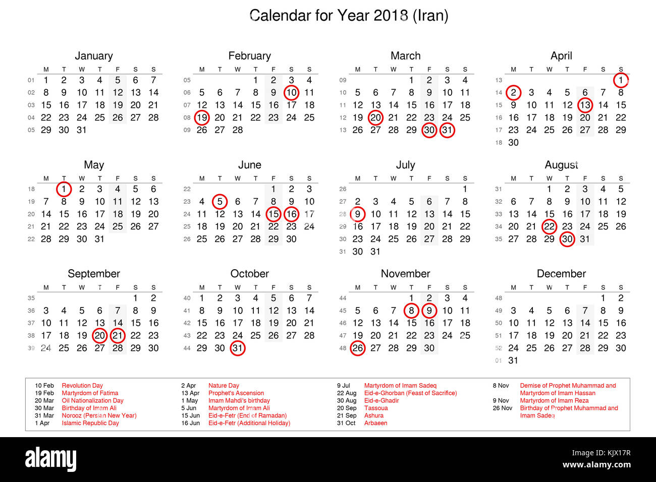 Calendar of year 2018 with public holidays and bank holidays for Iran