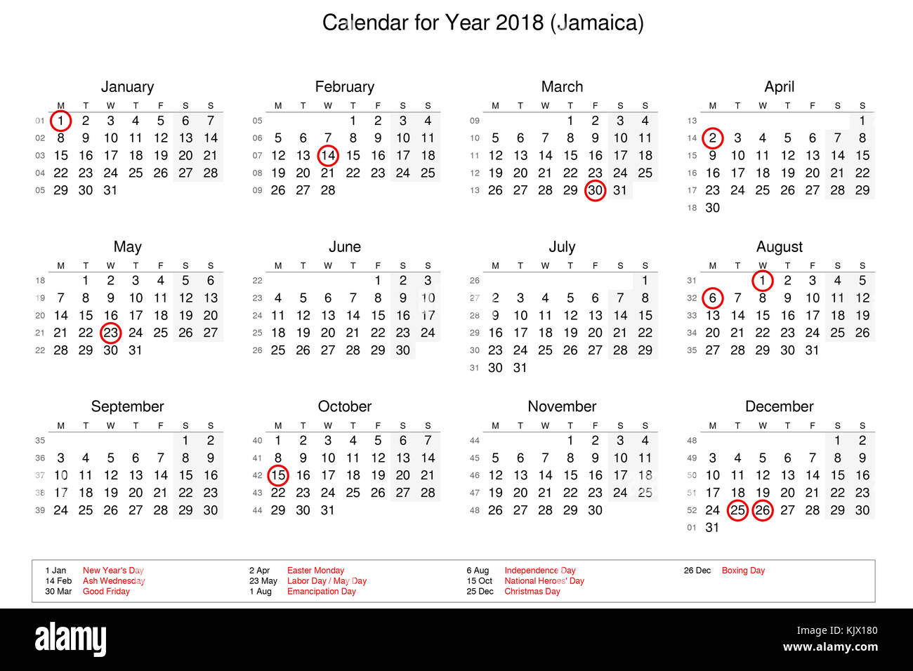 Calendar of year 2018 with public holidays and bank holidays for Jamaica Stock Photo