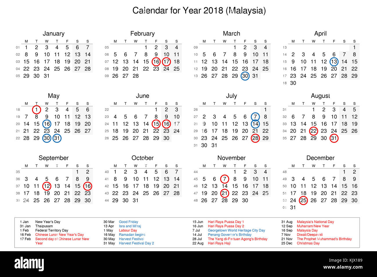 Calendar Of Year 2018 With Public Holidays And Bank Holidays For Malaysia Stock Photo Alamy