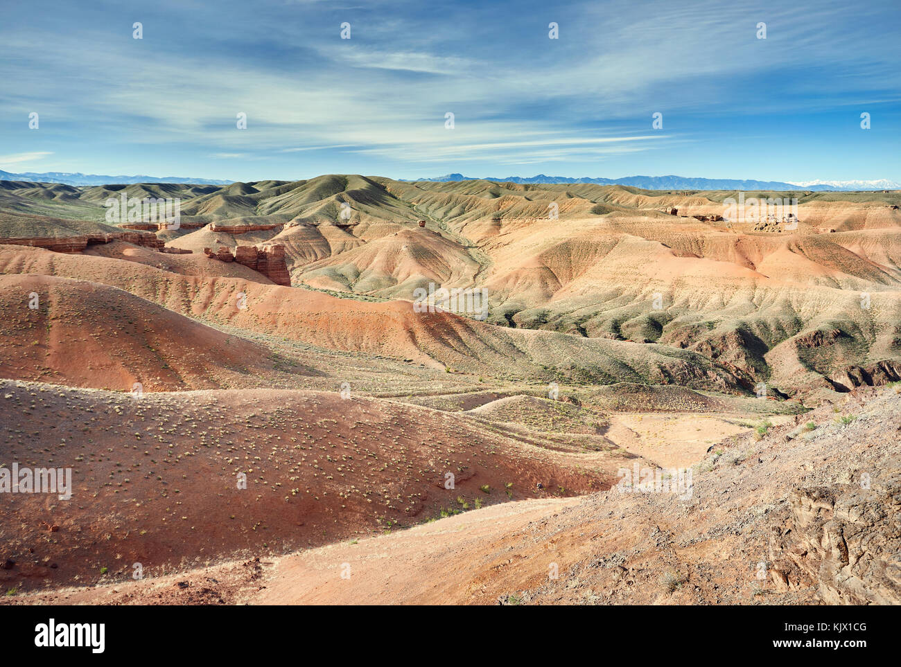 Landscape of hills and rocks in the Charyn canyon in Kazakhsthan Stock Photo