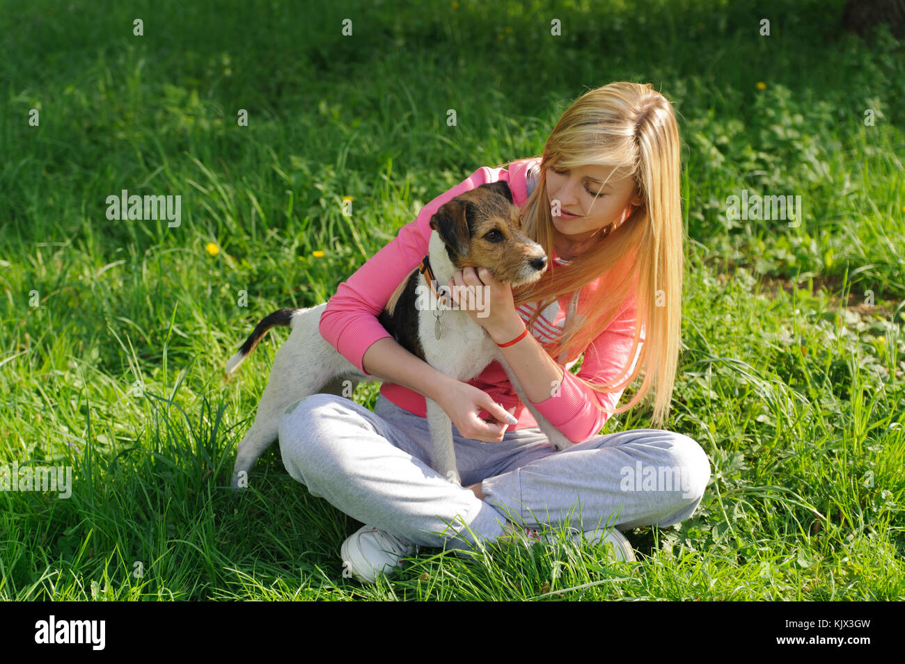 Beautiful girl and fox terrier sitting nearby. Girl petting dog Stock Photo