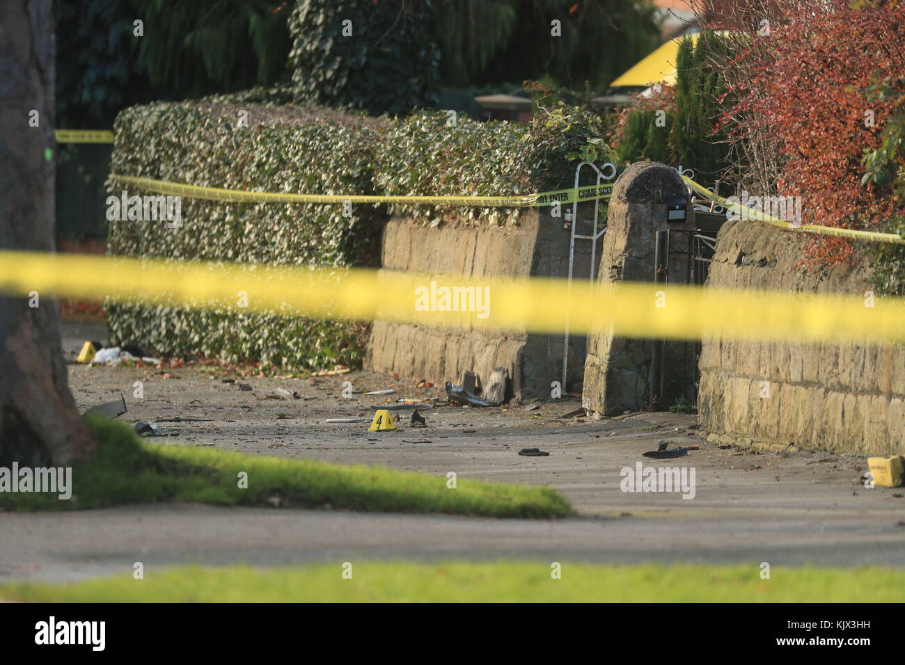 Debris at the scene where a stolen car crashed into a tree in Stonegate