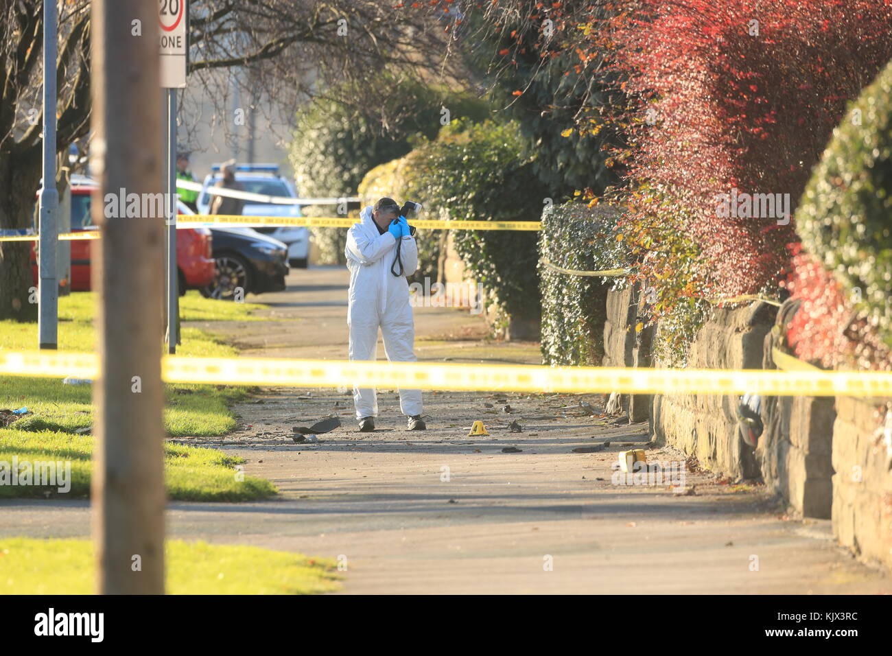 A forensic officer at the scene where a stolen car crashed into a tree