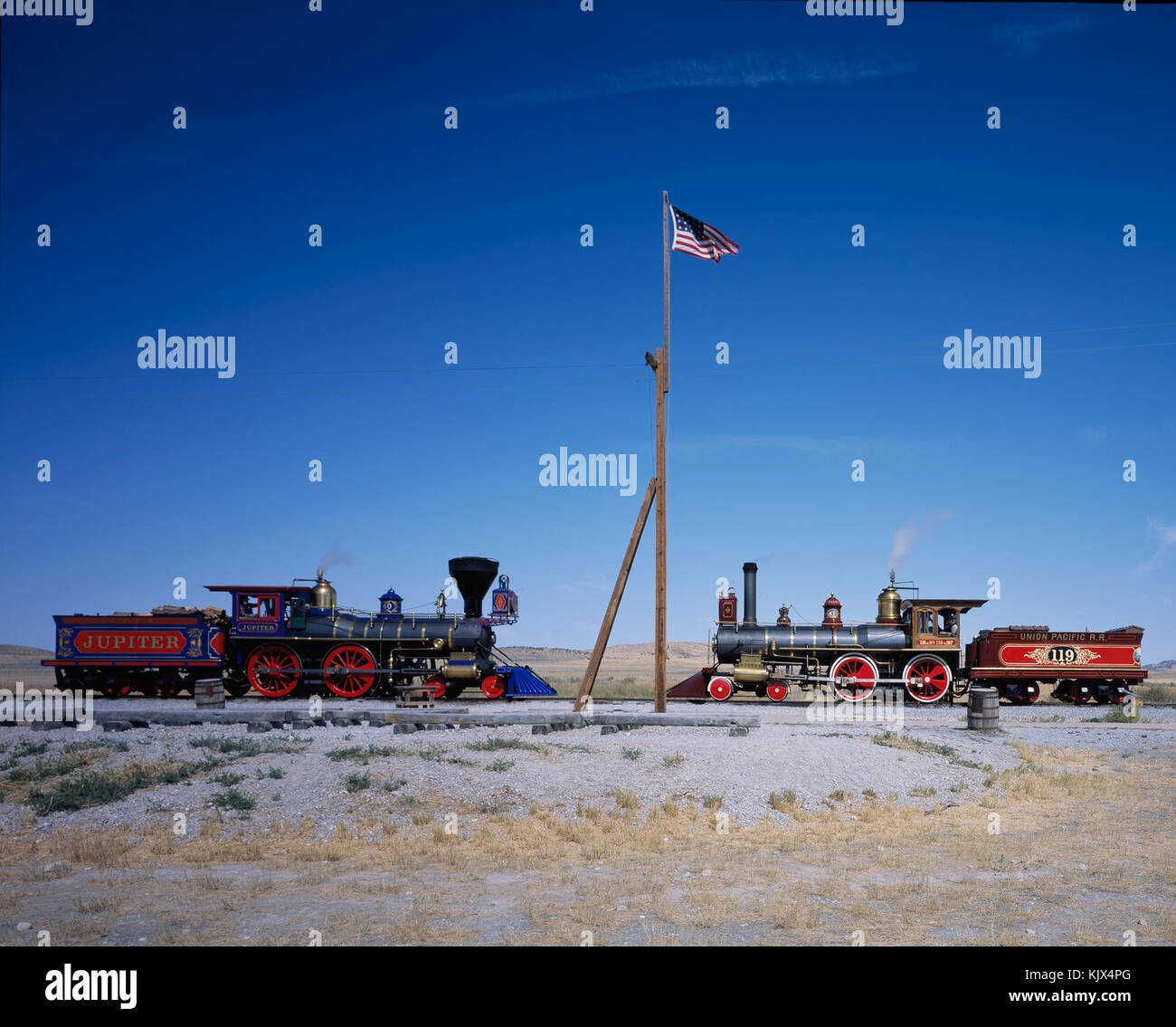 A meeting of the engines at the Golden Spike National Historic Site, Utah Stock Photo