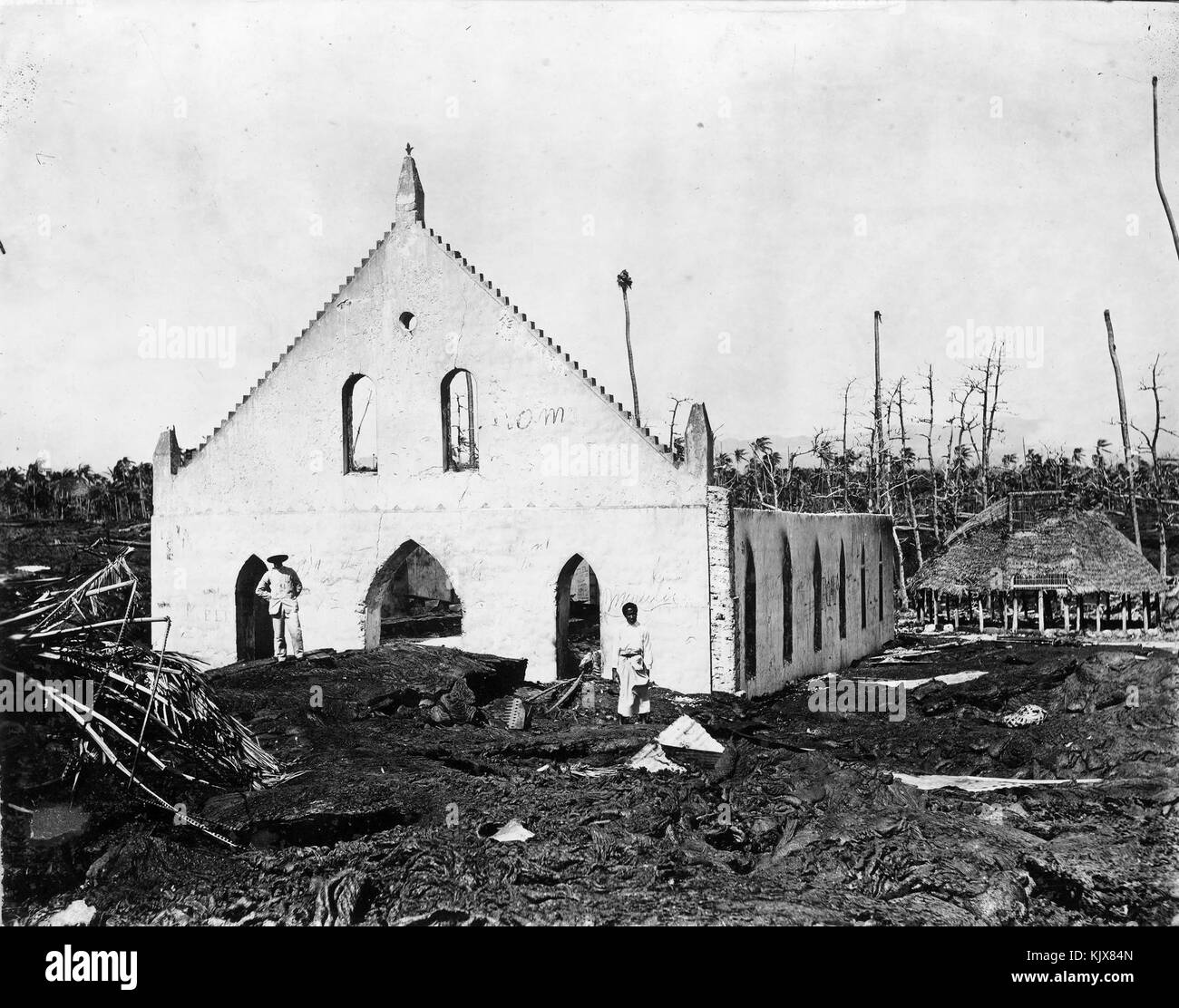 LMS church in Samoa damaged by lava 1905 photo AJ Tattersall Stock Photo