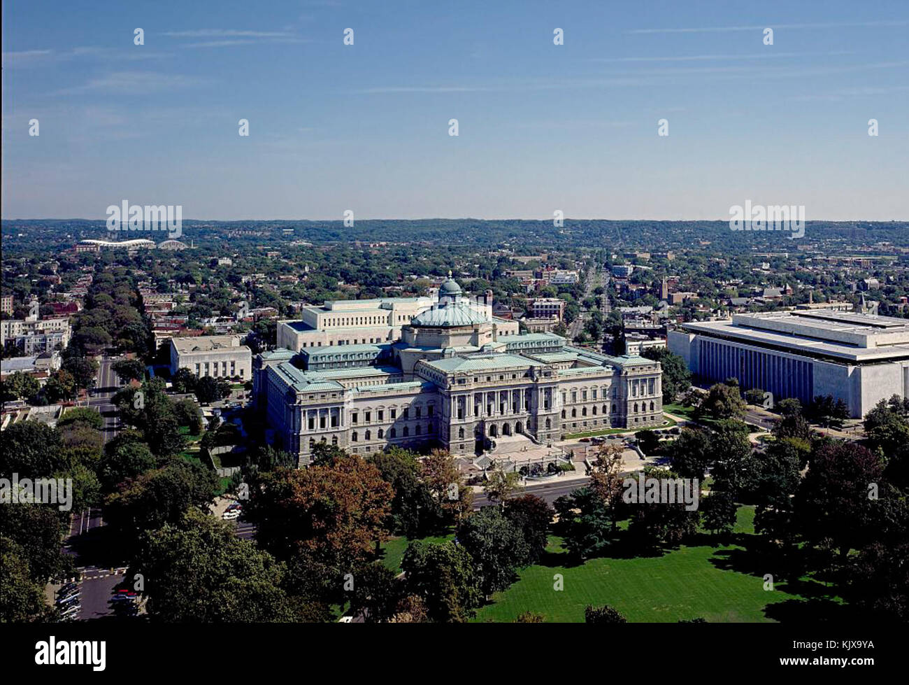 (Aerial view showing the Library of Congress Thomas Jefferson Building, with East Capitol Street on the left and the James Madison Building on the right, Washington, D.C.) (LOC) Stock Photo