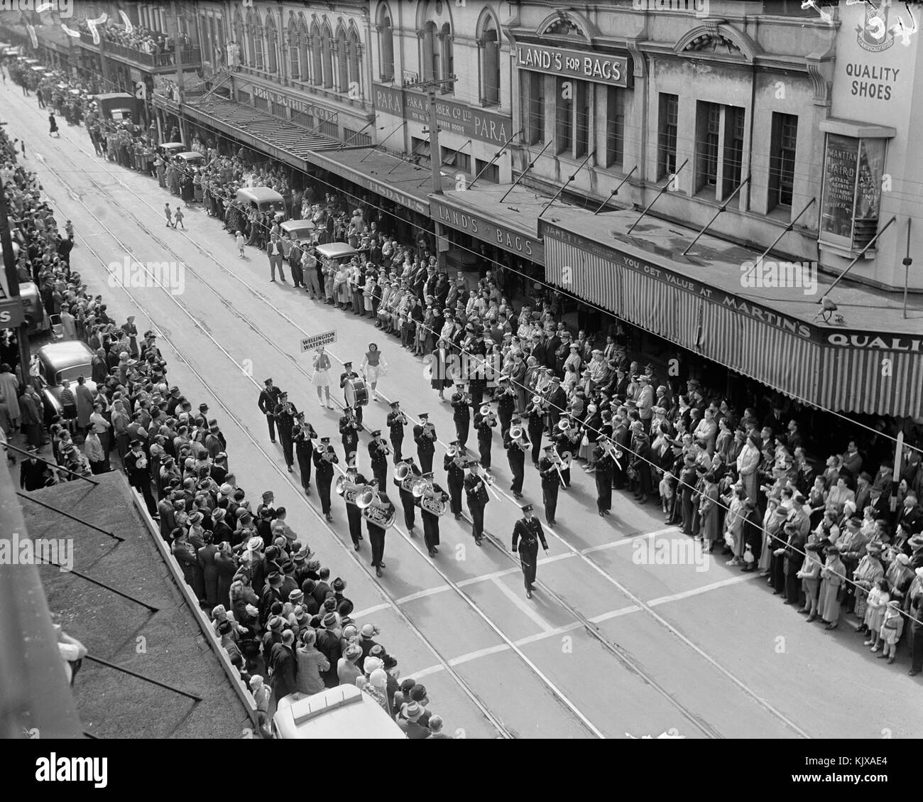 Brass band marching in Willis Street, Wellington, 1951(2 Stock Photo