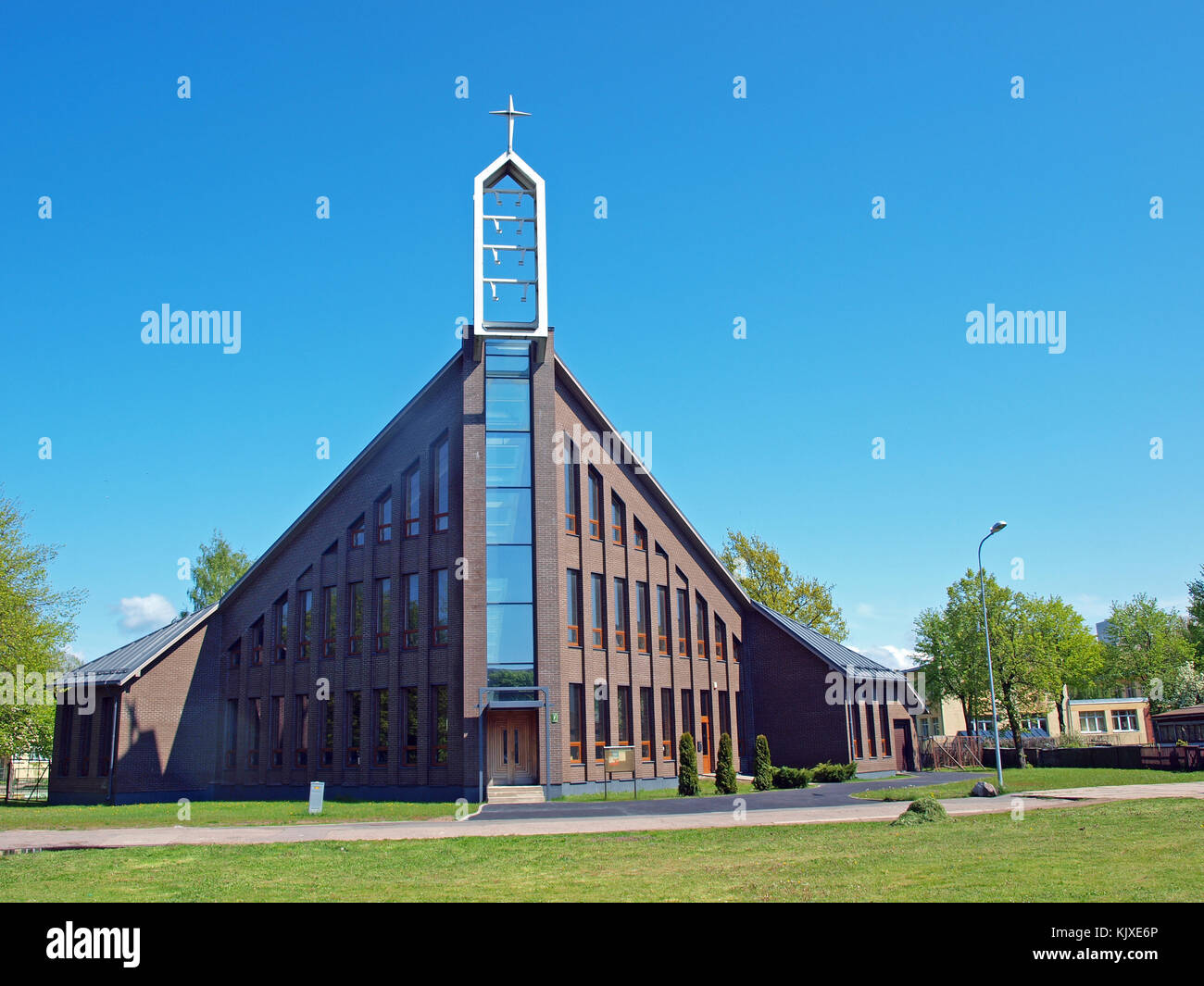 LIEPAJA, LATVIA - MAY 21, 2015: It is completed the construction of new modern architecture style Catholic church. Stock Photo