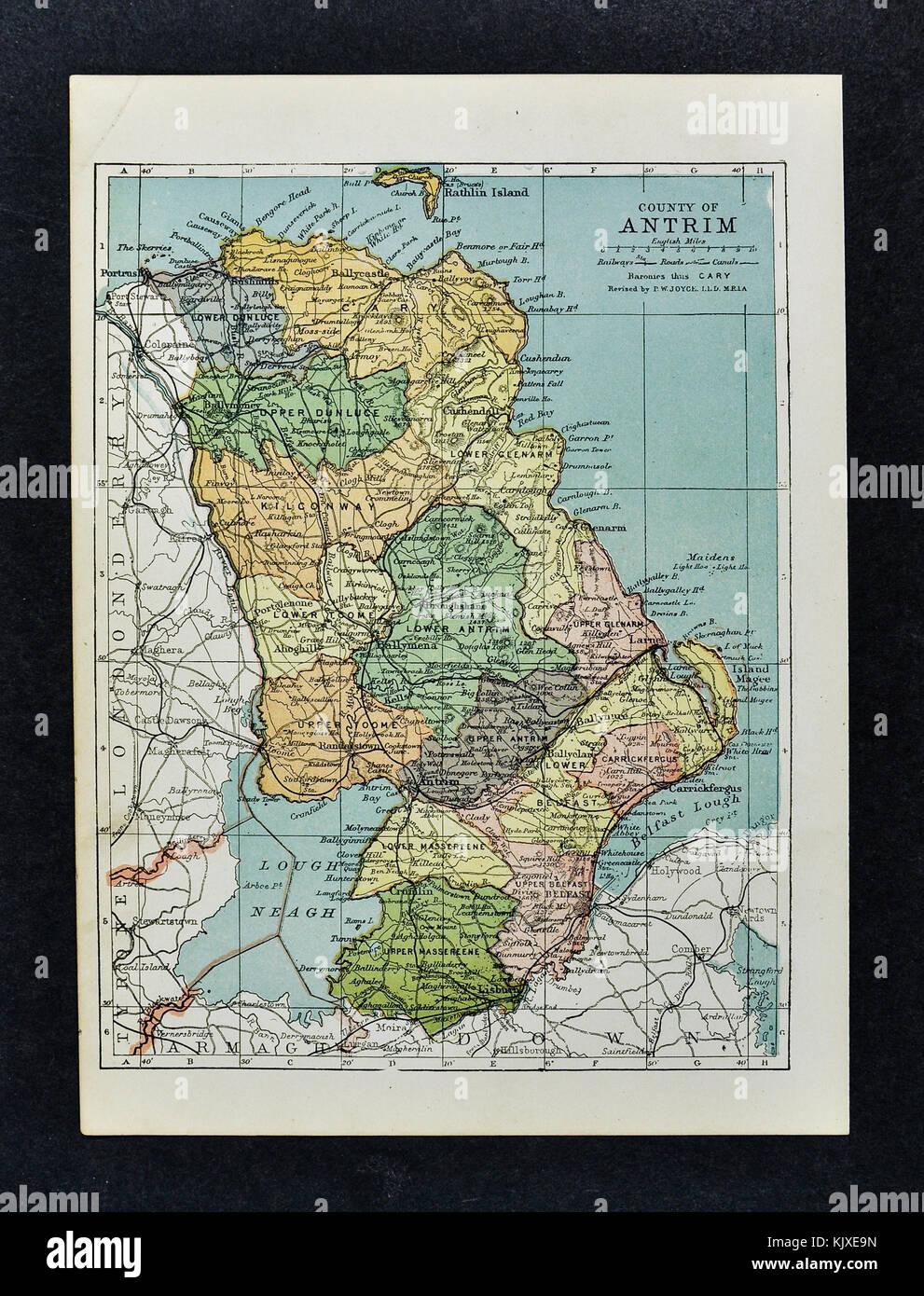 Antique Ireland Map of Antrim County showing Belfast Lisburn Ballymena Carrickfergus Lisburn Stock Photo