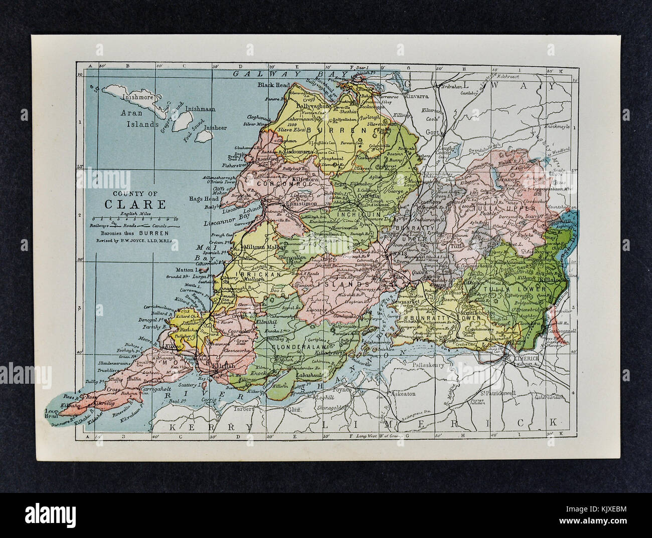 Antique Ireland Map  - Clare County - Kilkec Kilrush Corretin Ennis Kilfenora Tulla Stock Photo