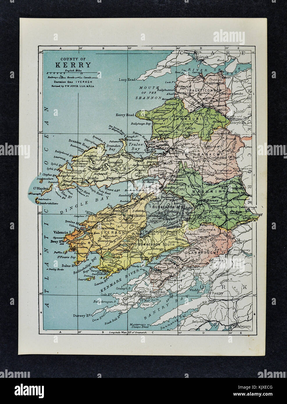 Antique Ireland Map - Kerry County - Killarney Listowel Tralee Kenmare Sneem Dingle Stock Photo