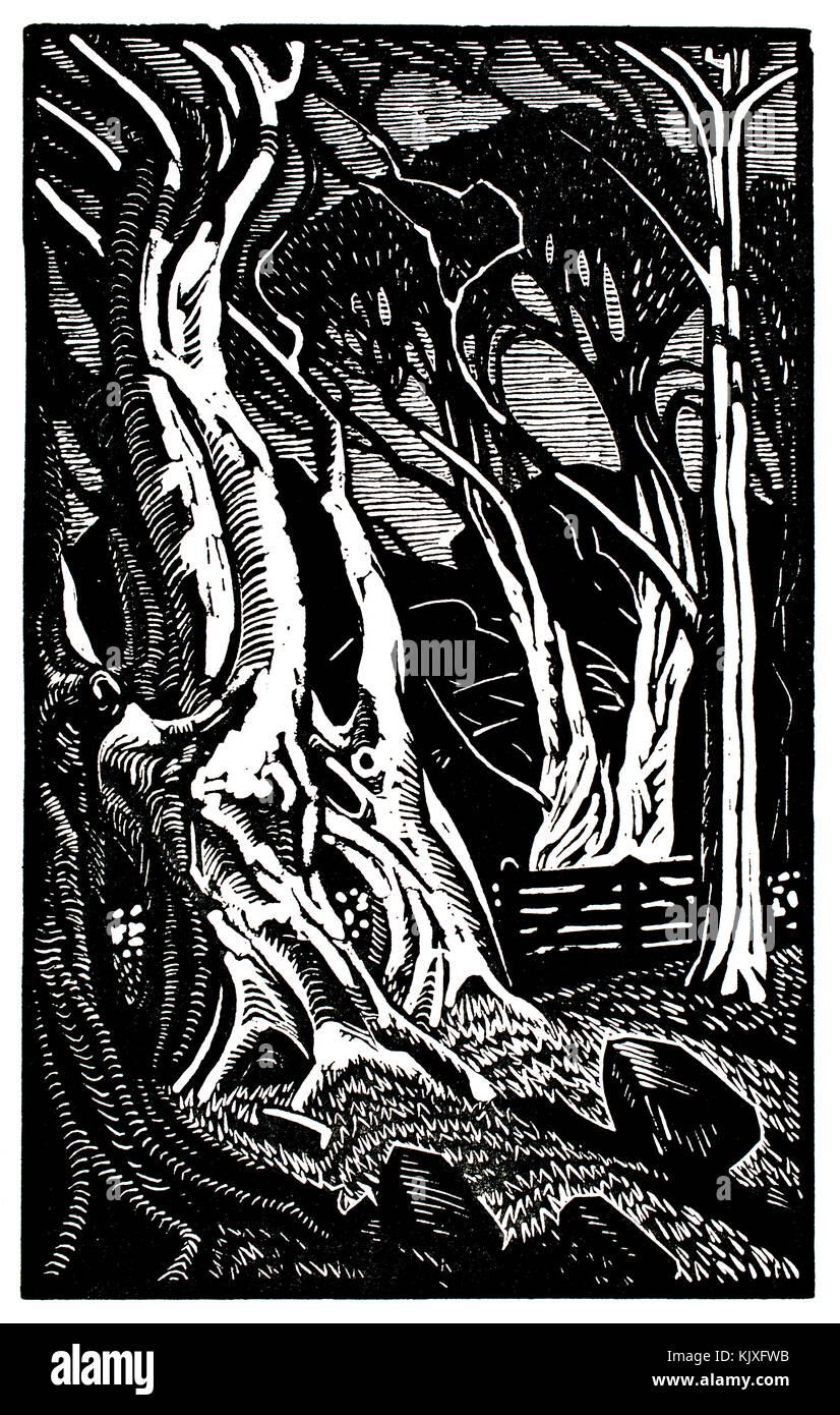 The Tryst Gate, 1920s woodcut illustration by painter and wood engraver Mabel Marguerite Annersley Stock Photo