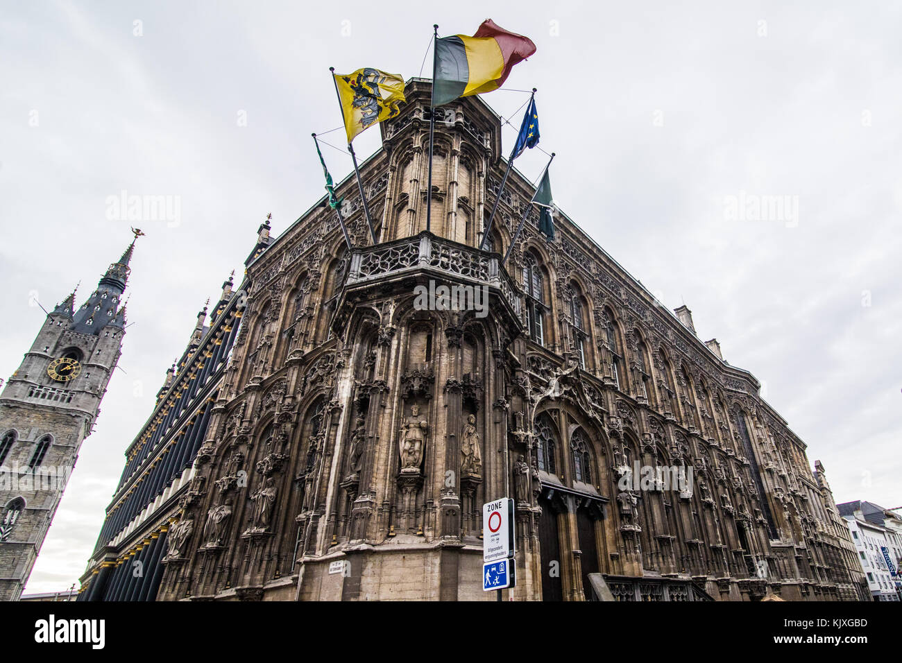 GHENT, BELGIUM - November, 2017: Architecture of Ghent city center. Ghent is medieval city and point of tourist destination in Belgium. Stock Photo