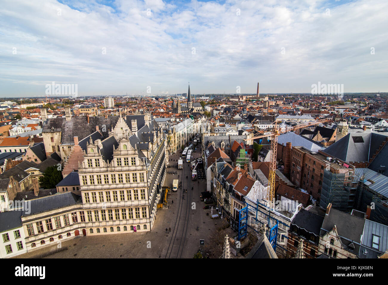 GHENT, BELGIUM - November, 2017: Aerial view of Architecture of Ghent city center. Ghent is medieval city and point of tourist destination in Belgium. Stock Photo