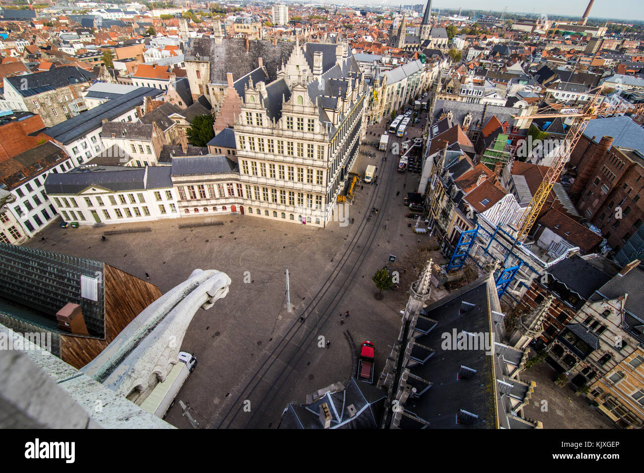 GHENT, BELGIUM - November, 2017: Aerial view of Architecture of Ghent city center. Ghent is medieval city and point of tourist destination in Belgium. Stock Photo