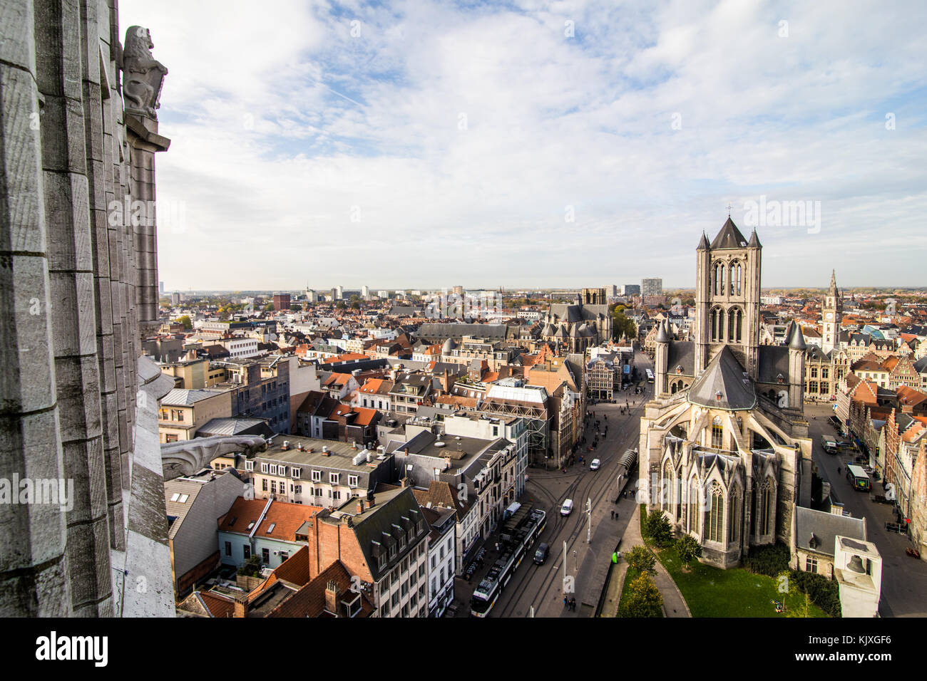 GHENT, BELGIUM - November, 2017: Aerial view of Architecture of Ghent city center. Ghent is medieval city and point of tourist destination in Belgium. Stock Photo