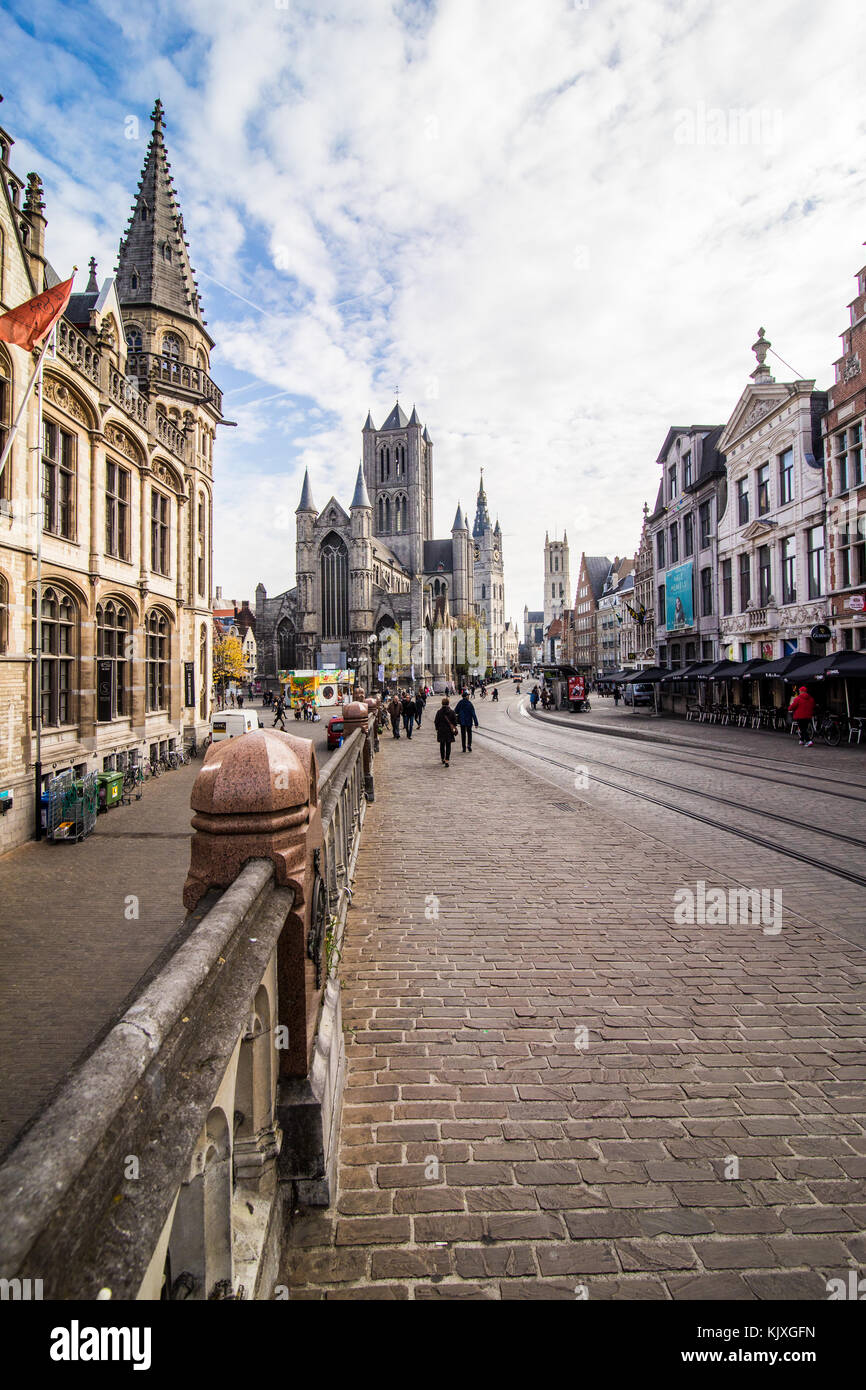 GHENT, BELGIUM - November, 2017: Architecture of Ghent city center. Ghent is medieval city and point of tourist destination in Belgium. Stock Photo