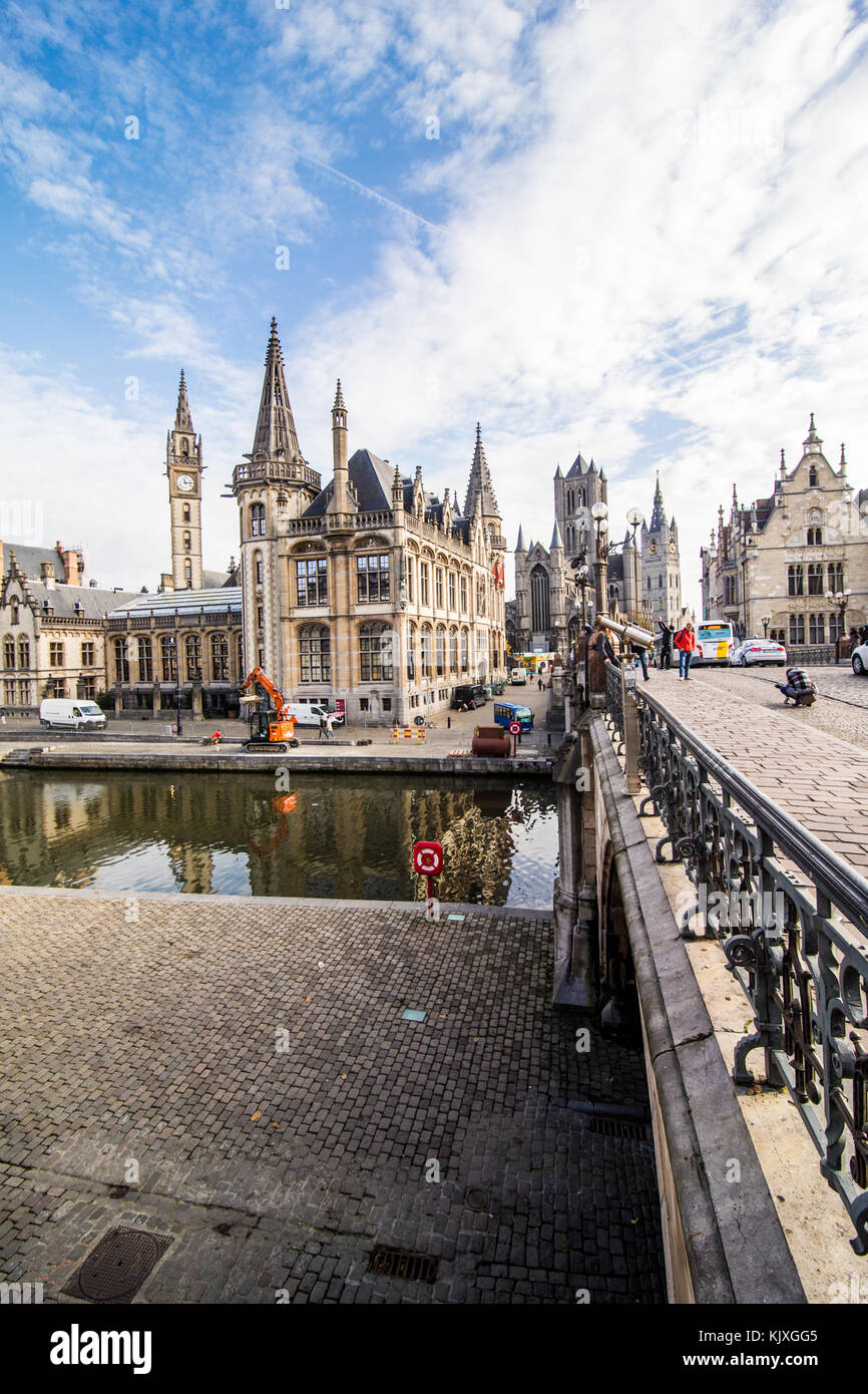 GHENT, BELGIUM - November, 2017: Architecture of Ghent city center. Ghent is medieval city and point of tourist destination in Belgium. Stock Photo