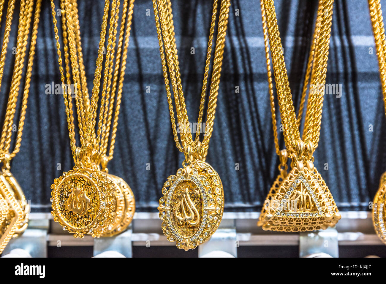 Turkish gold necklaces for sale on a stall in Grand Stock Photo ...