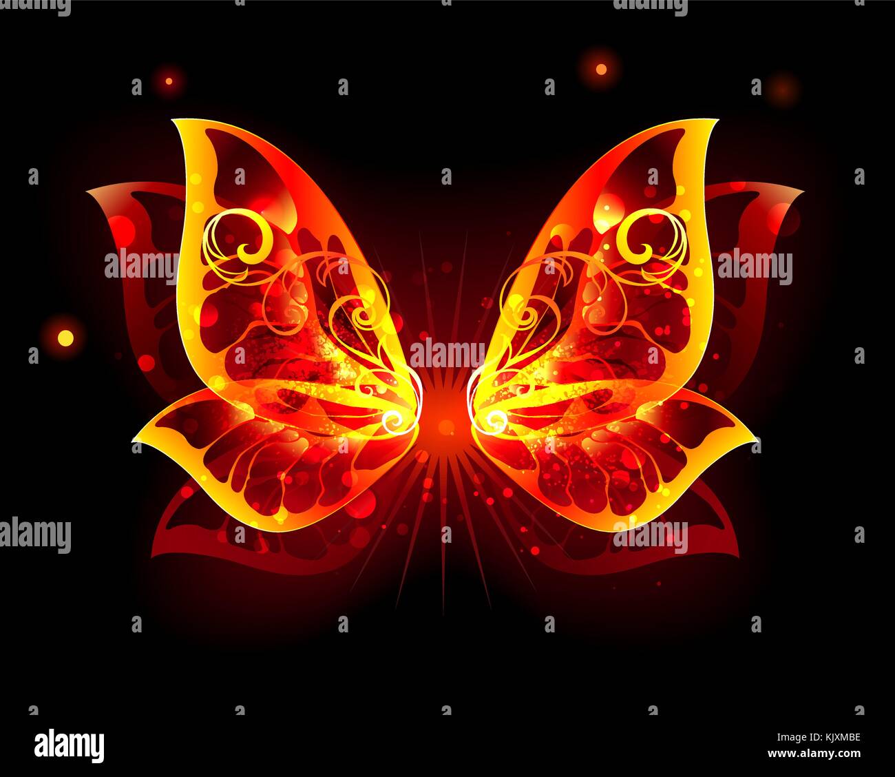 Artistic painted, fire butterfly wings on a black background. Fiery wings. Stock Vector
