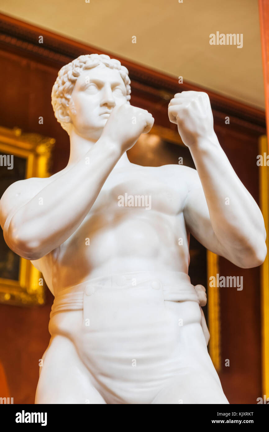England, West Sussex, Petworth, Petworth House, North Gallery, Marble Statue of a British Pugilist by John Charles Felix Rossi Stock Photo